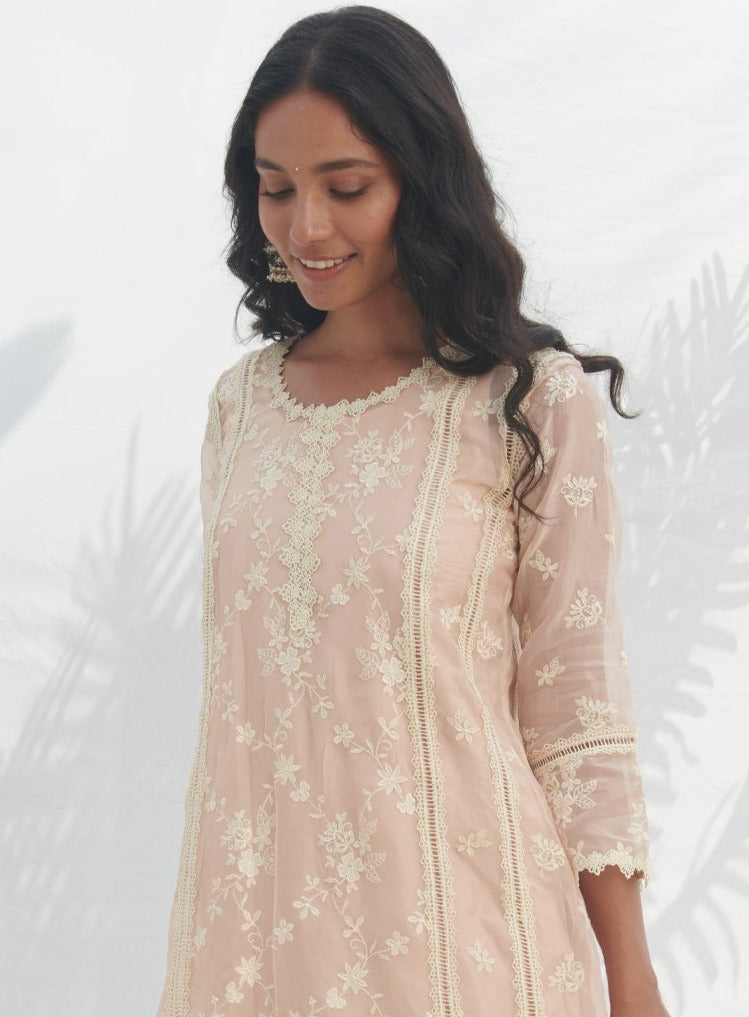 Mulmul Organza Keri Beige Kurta With Mulmul Cotton Keri Beige Pant