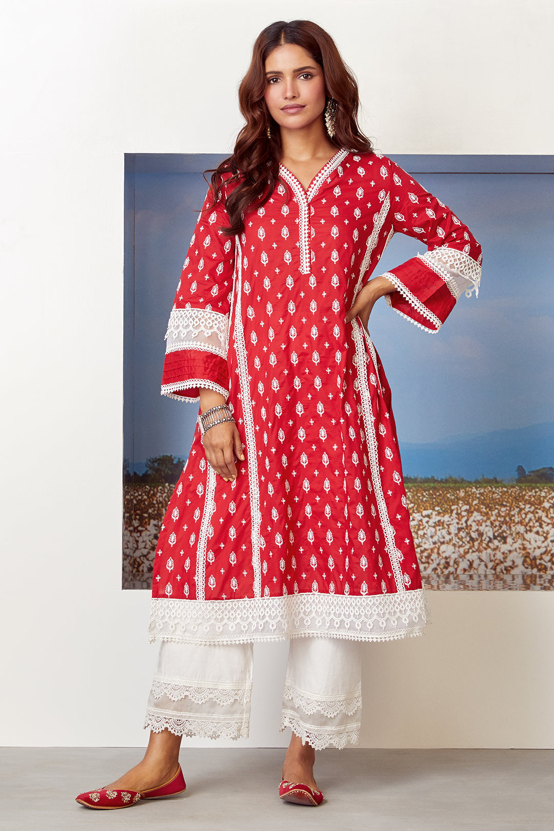 Mulmul Cotton Lake Shore Red Kurta