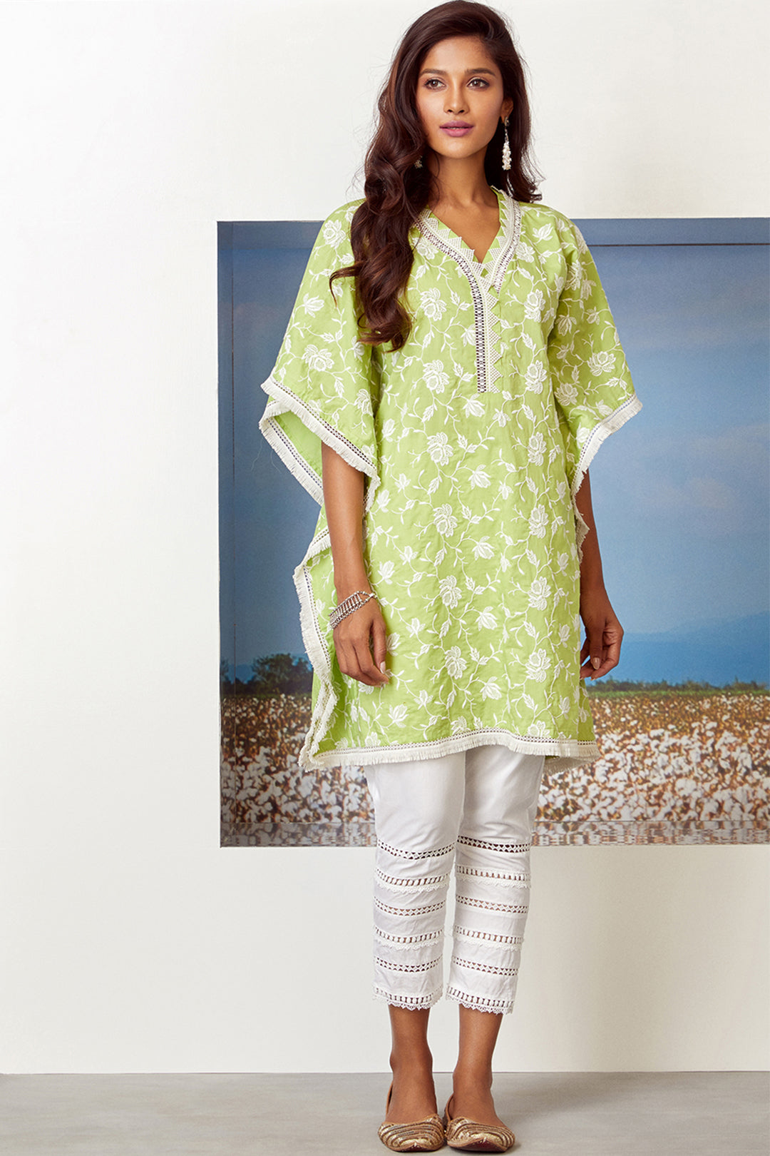 Mulmul Cotton Lotus Pond Lime Green Kurta