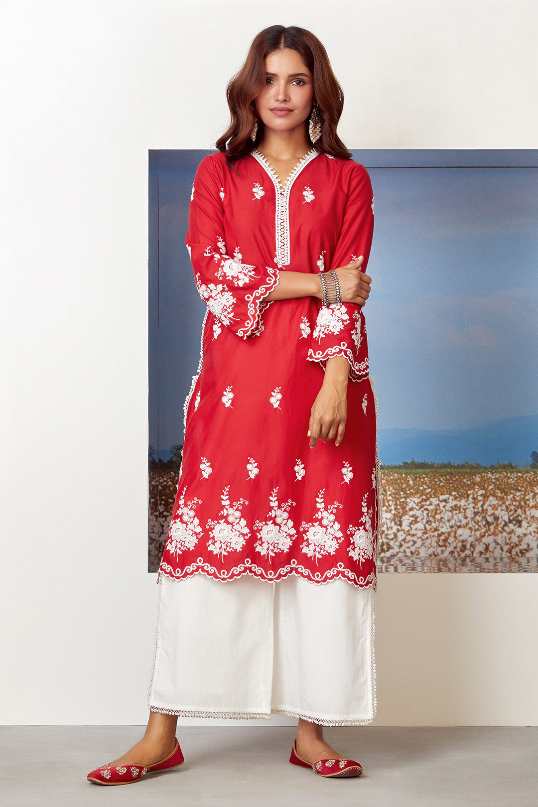 Mulmul Cotton Love Song Red Kurta