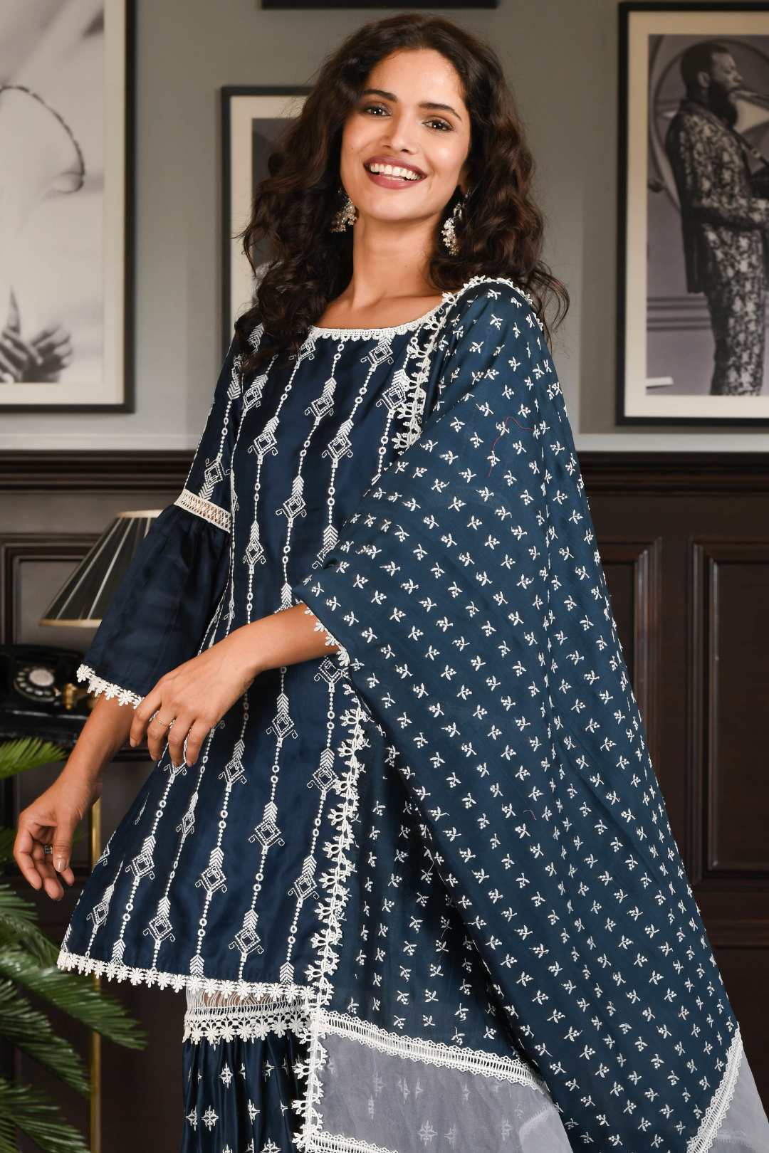 Mulmul Japanese Silk Caia Navy Kurta With Caia Navy Pyajama