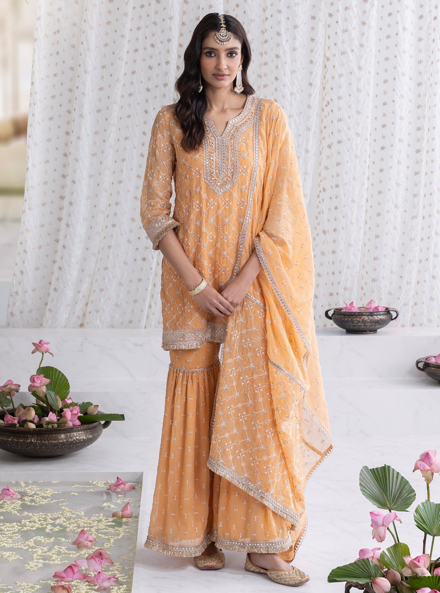 Mulmul Organza Makhna Orange Kurta With Mulmul Chiffon Makhna Orange Garara