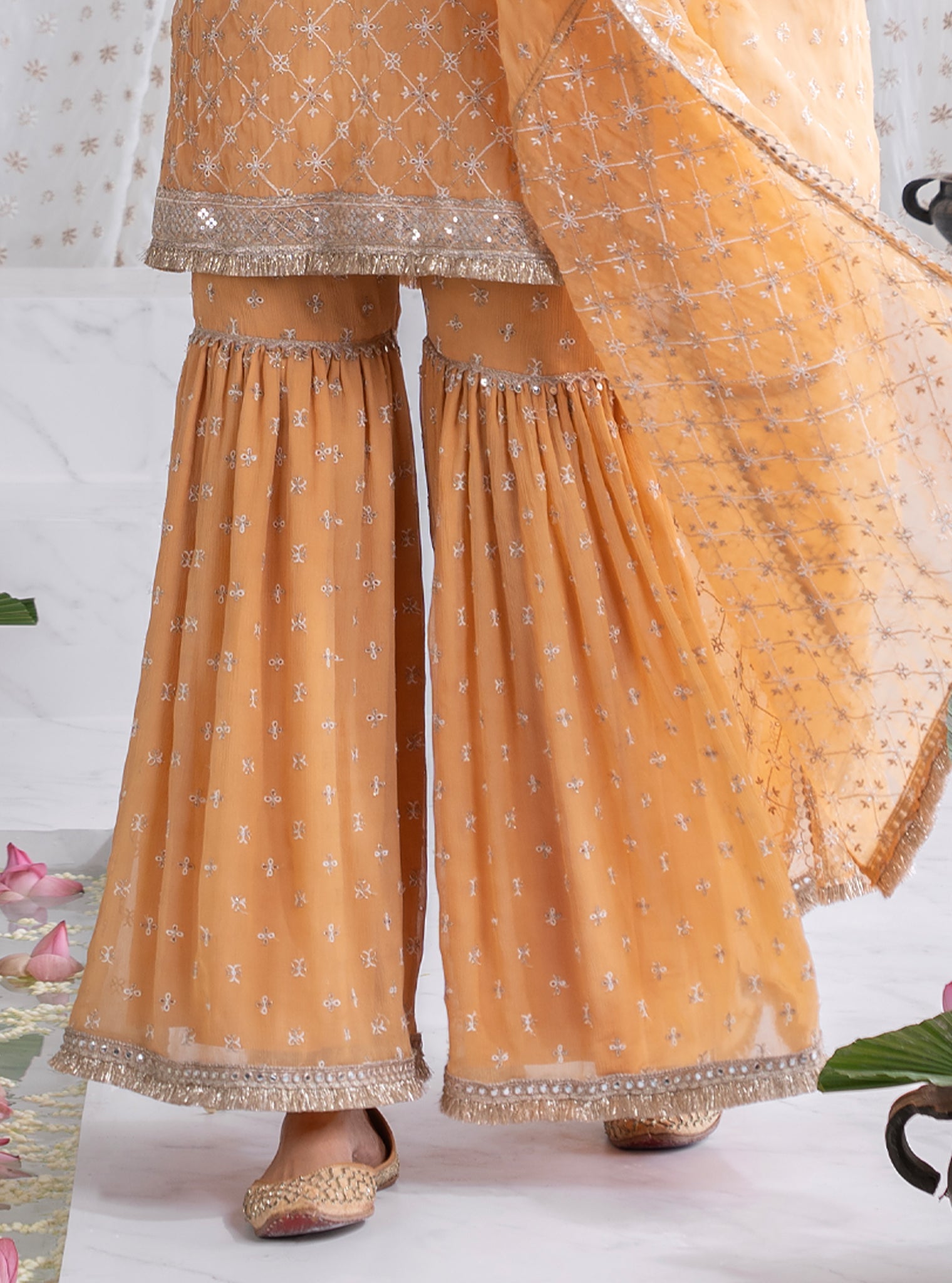 Mulmul Organza Makhna Orange Kurta With Mulmul Chiffon Makhna Orange Garara