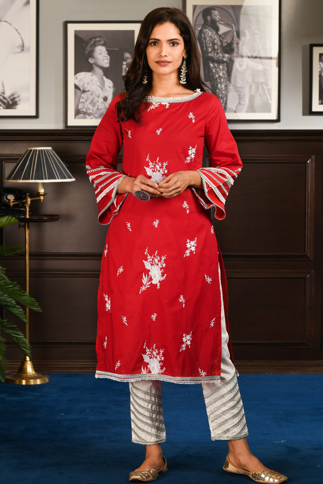 Mulmul Cotton Mabbina Kurta With Gota Daigonal Pyajama