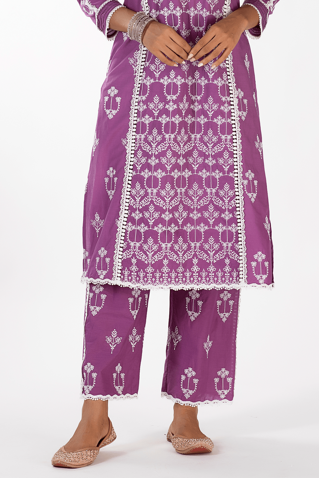 Mulmul Cotton Mae Purple Kurta With Mae Purple Pyajama