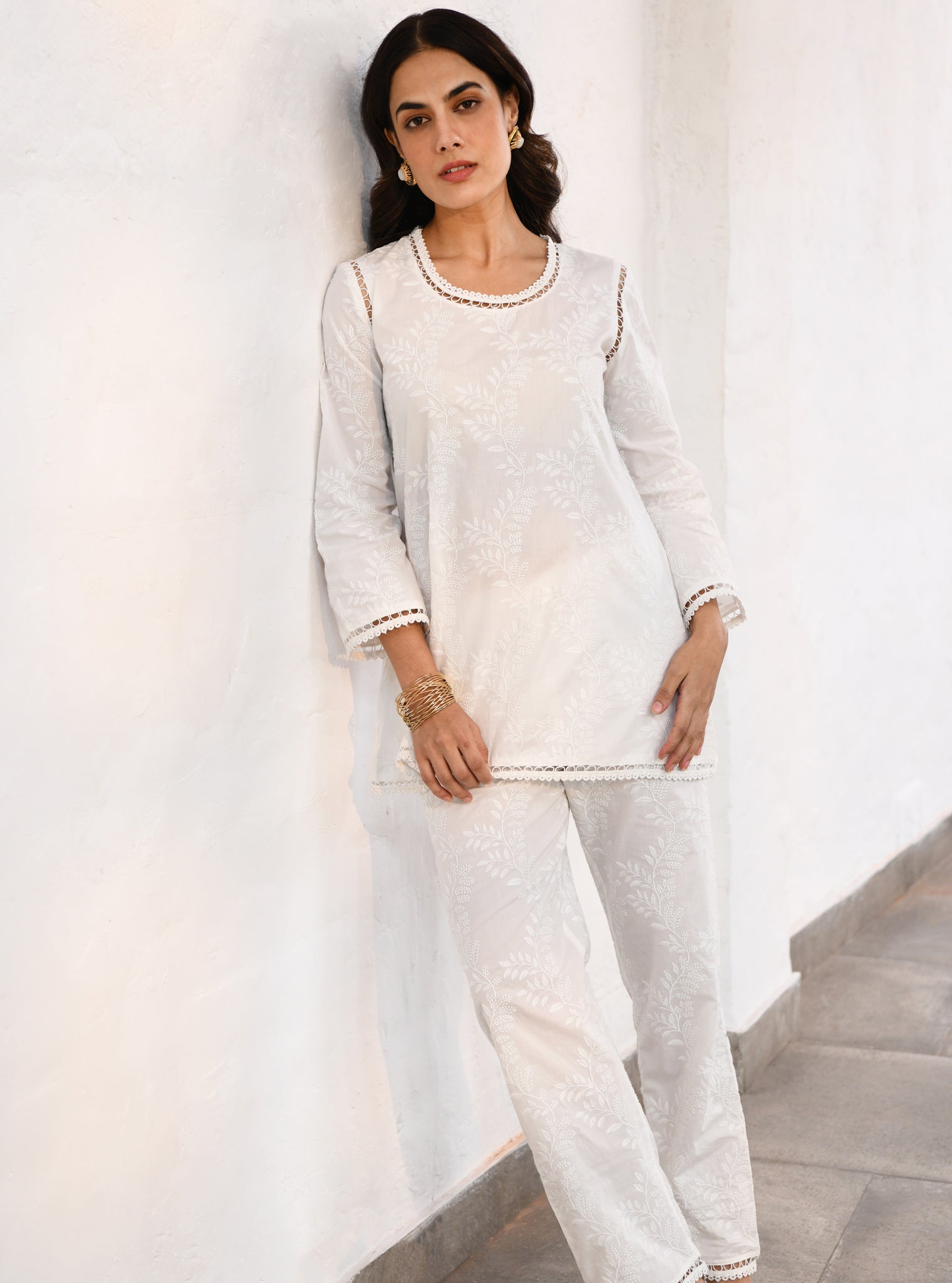 Mulmul Cotton Milton White Top With Milton White Pant