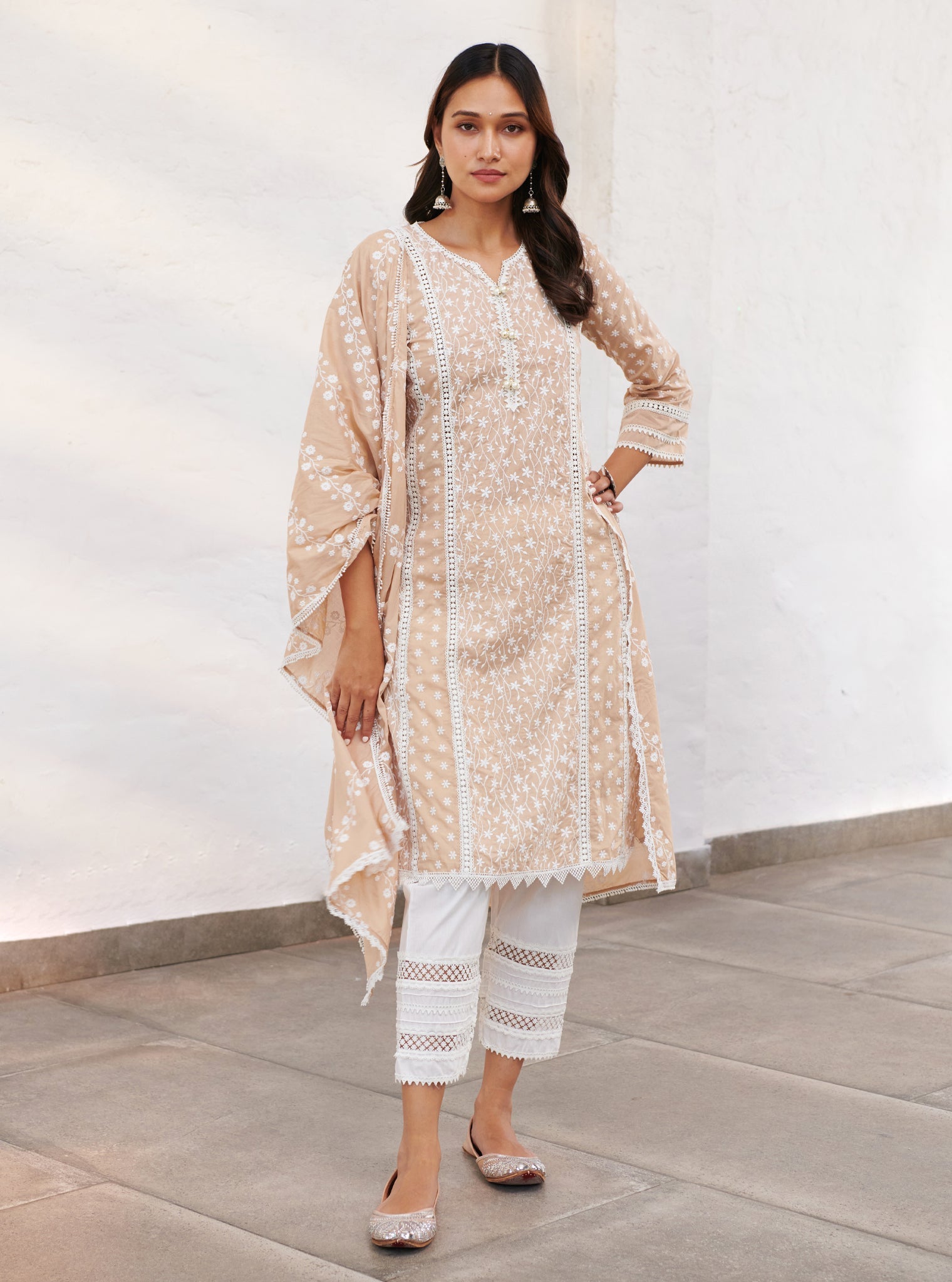 Mulmul Cotton Moira Beige Kurta With Mulmul Cotton Floral Ladder Slim White Pant