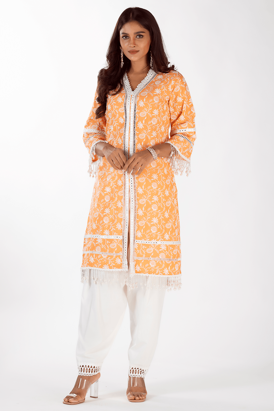 Mulmul Cotton Mollie Orange kurta With Slim Salwar