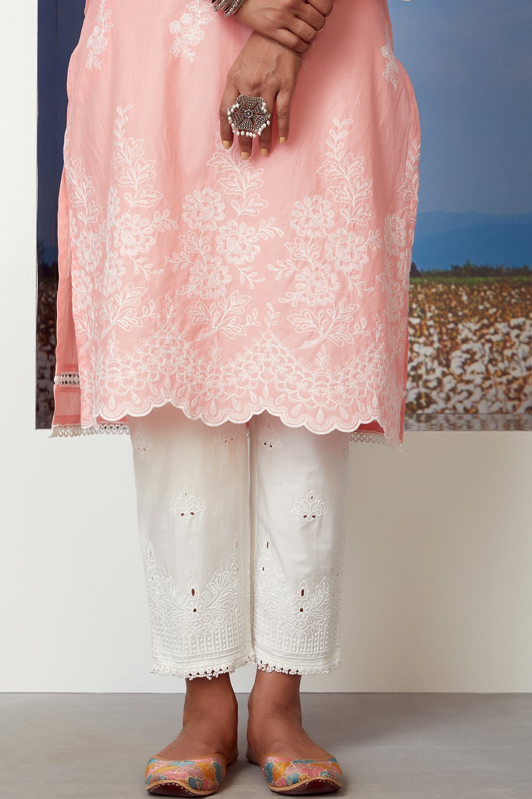 Mulmul Cotton Moon Light Coral Kurta With Emb Eyelet Pyajama White