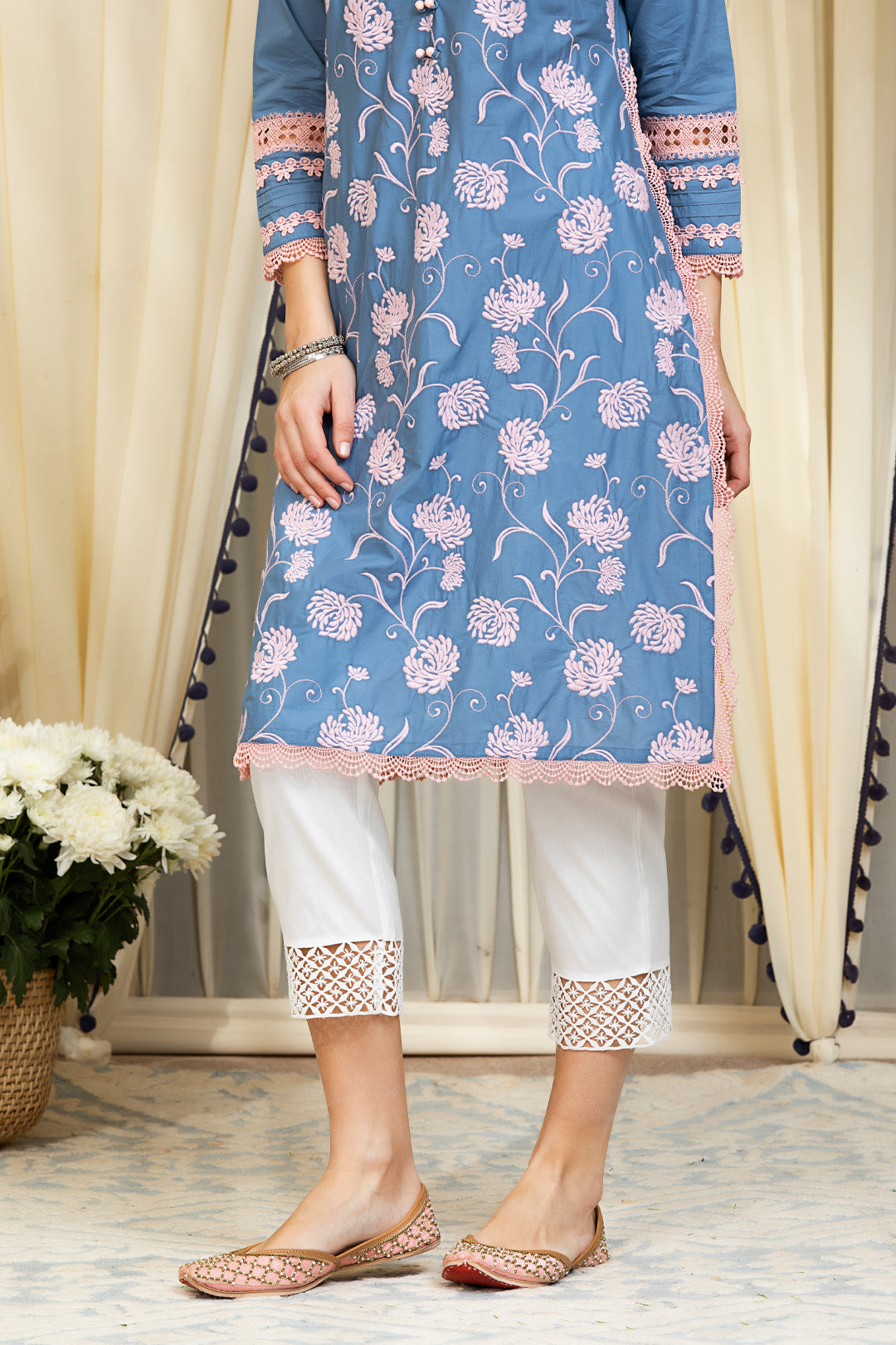 Mulmul Cotton Claudia Kurta Denim With Fern Cotton Pyajama