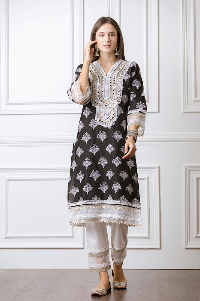 Mulmul Maple Black Kurta with Maple Pyajama