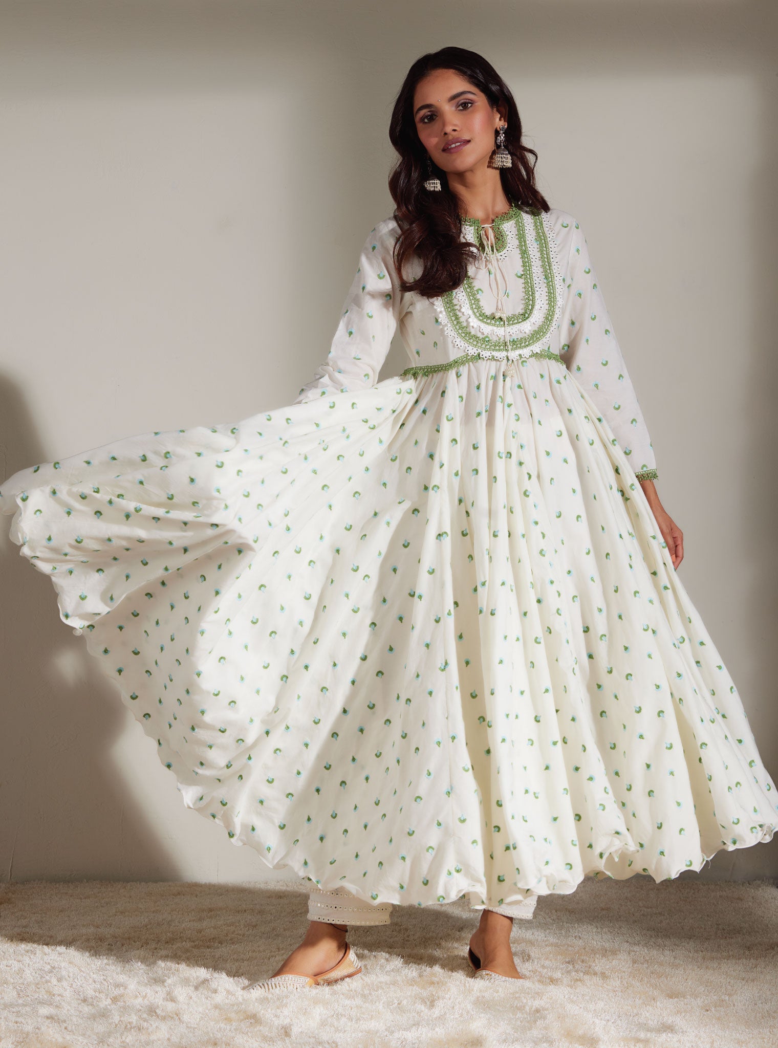 Mulmul Cotton Nadine White Anarkali Kurta With Mirror Gota White Pant