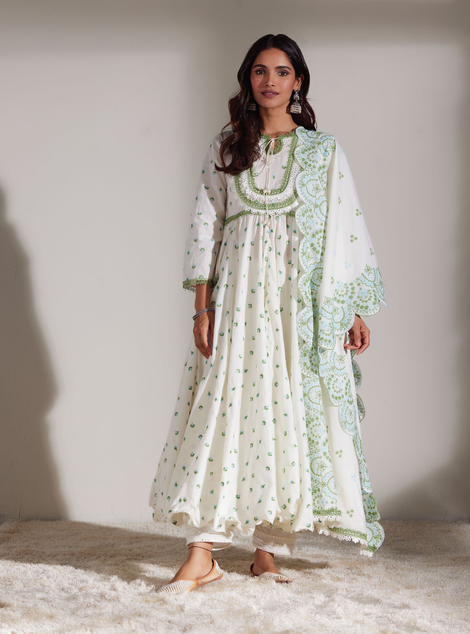 Mulmul Cotton Nadine White Anarkali Kurta With Mirror Gota White Pant