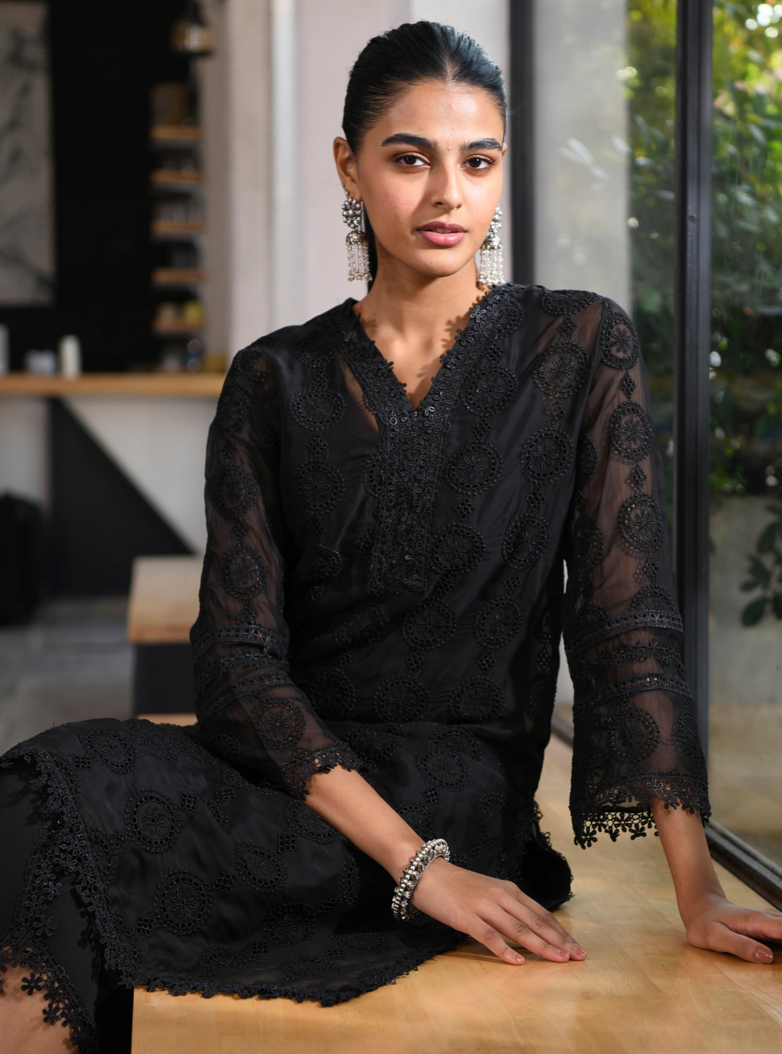 Mulmul Organza Nelli Black Kurta With Mulmul Cotton Nelli Black Pant