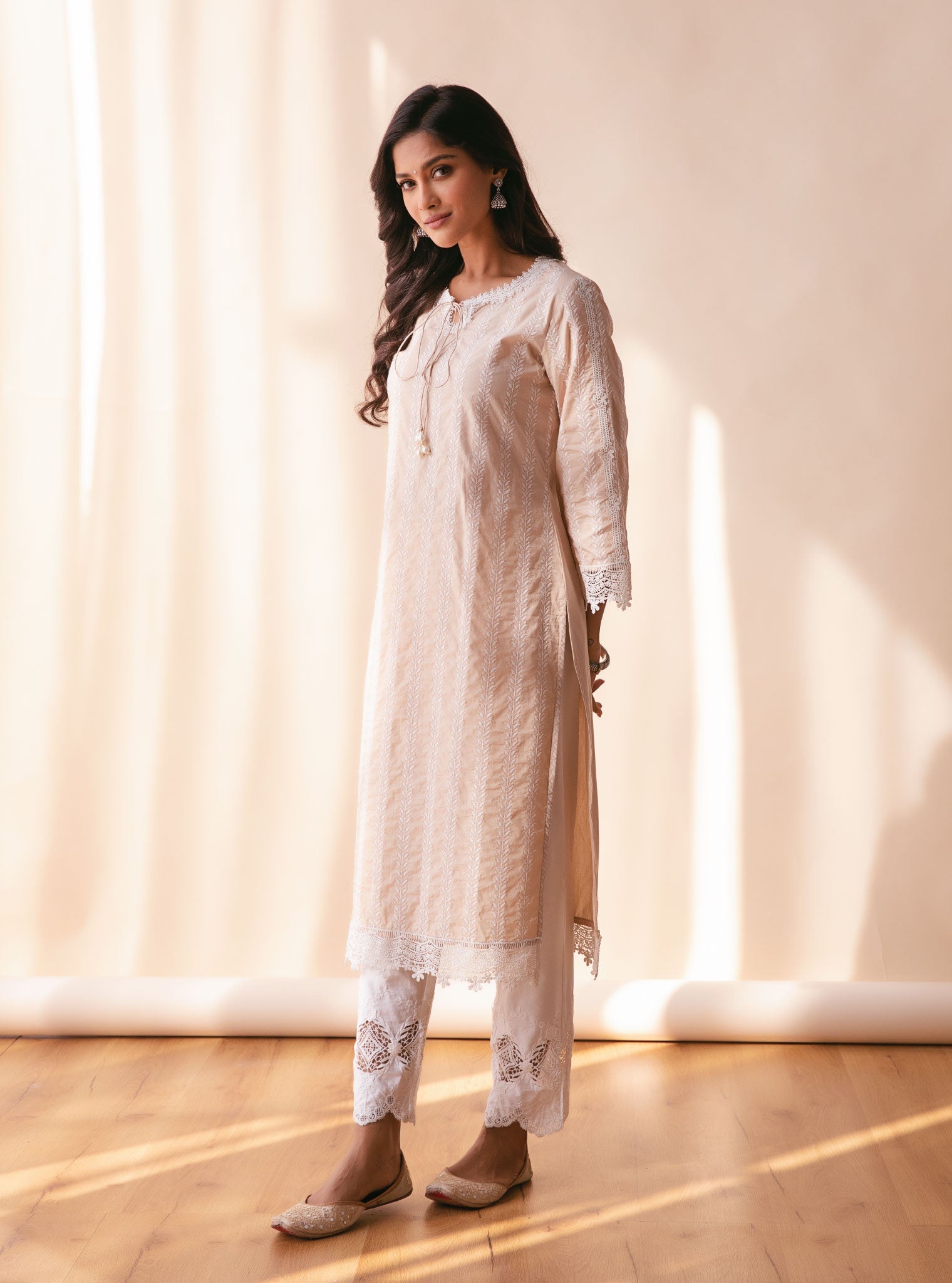 Mulmul Cotton Nina Beige Kurta With Applique Embroidered Pant