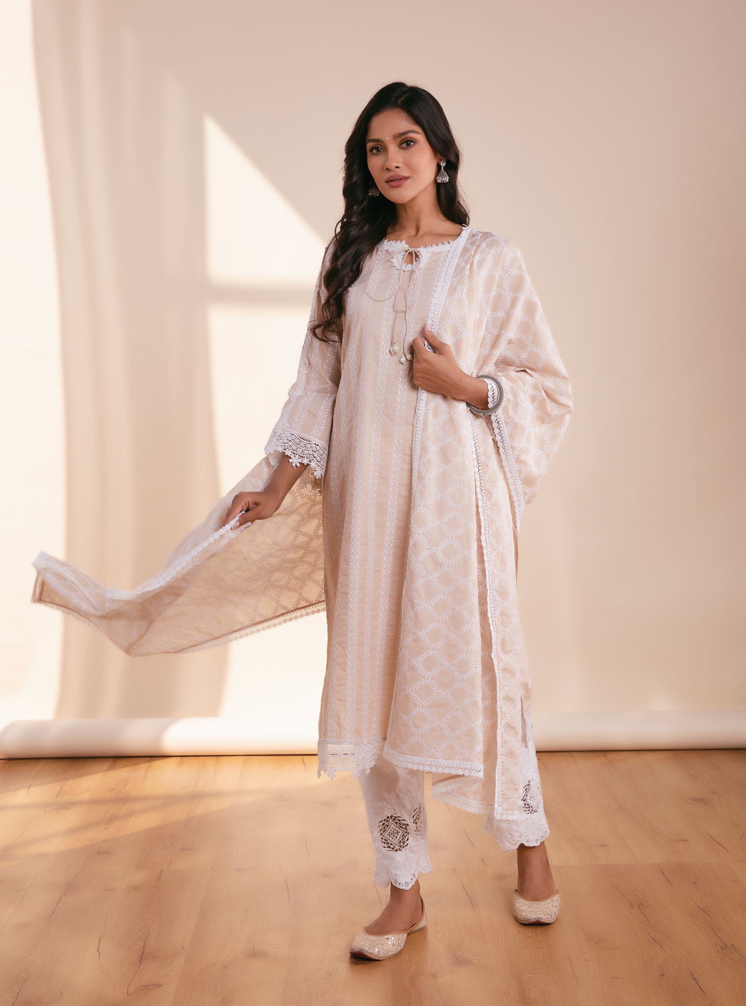 Mulmul Cotton Nina Beige Kurta With Applique Embroidered Pant