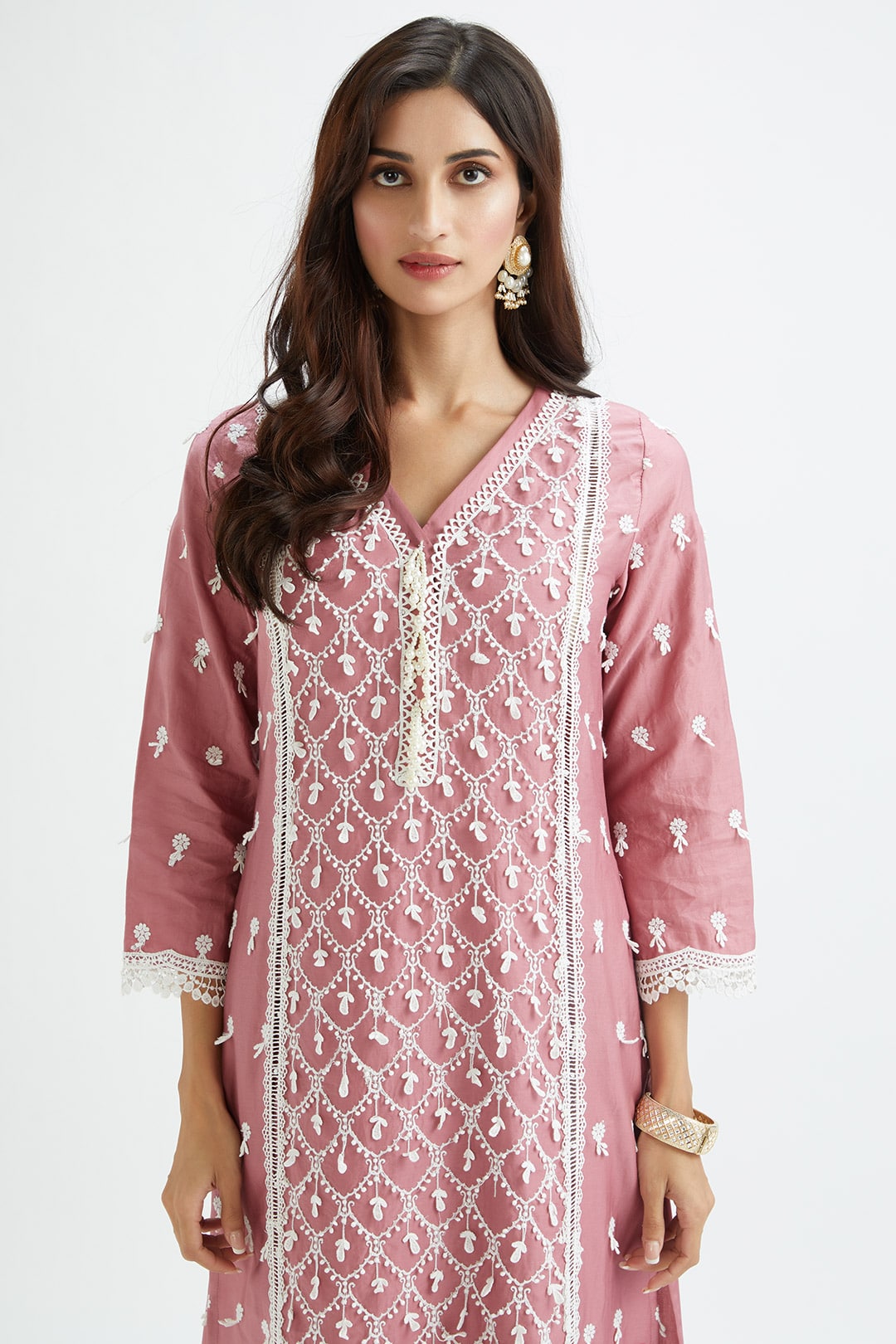 Mulmul Supima Satin Ollie Mauve Kurta With Lax Harem White Pant