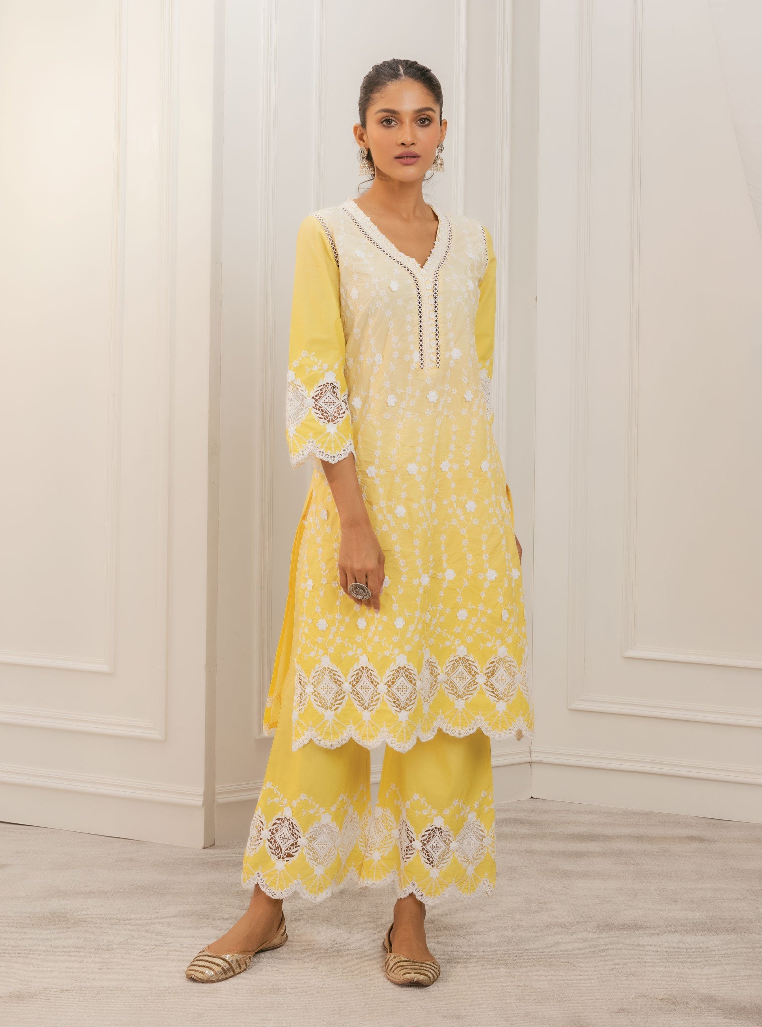 Mulmul Cotton Purna Yellow Kurta With Purna Yellow Palazzo