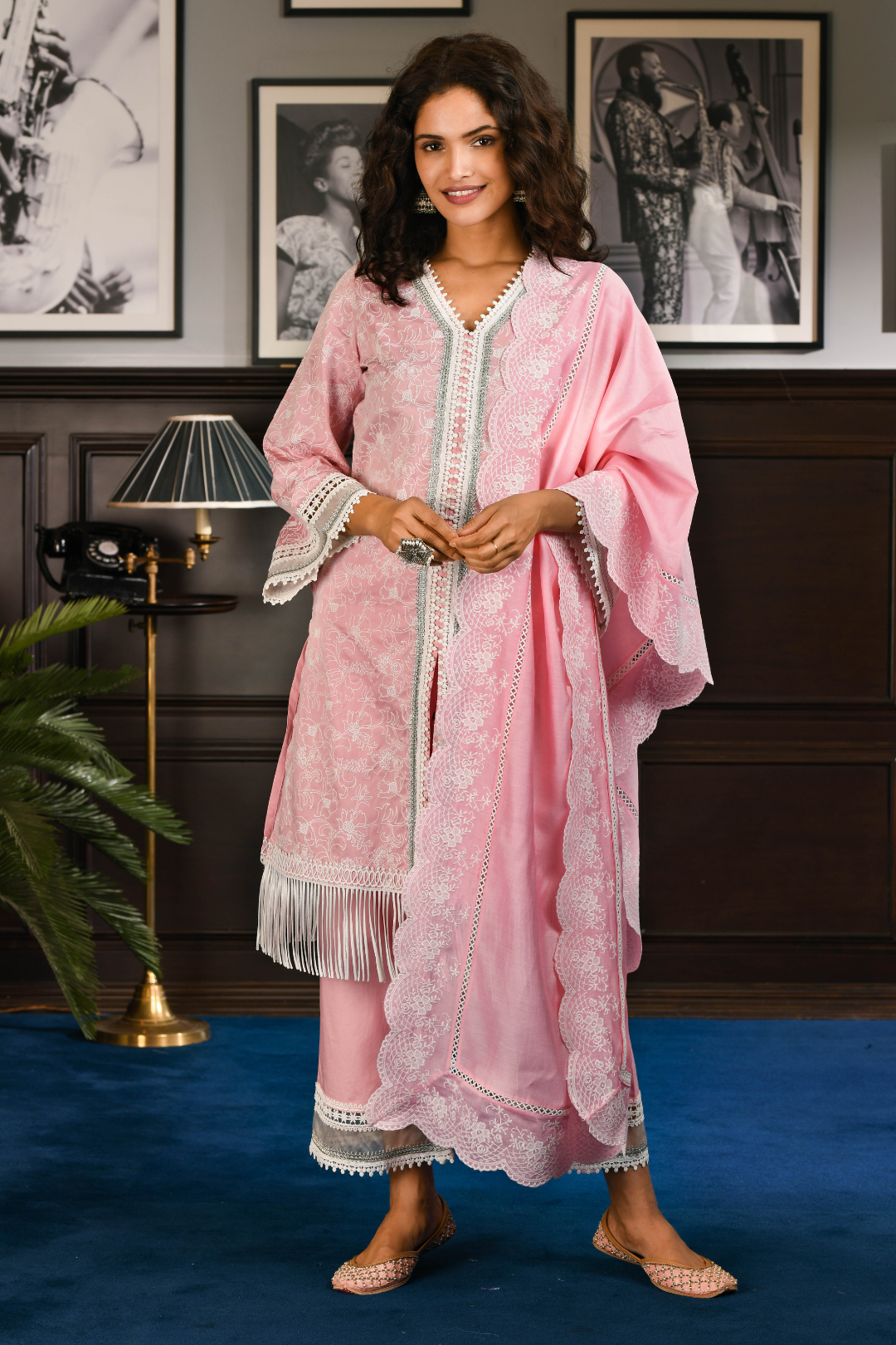 Mulmul Pima Satin Rafa Pink Kurta With Rafa Pink Pant