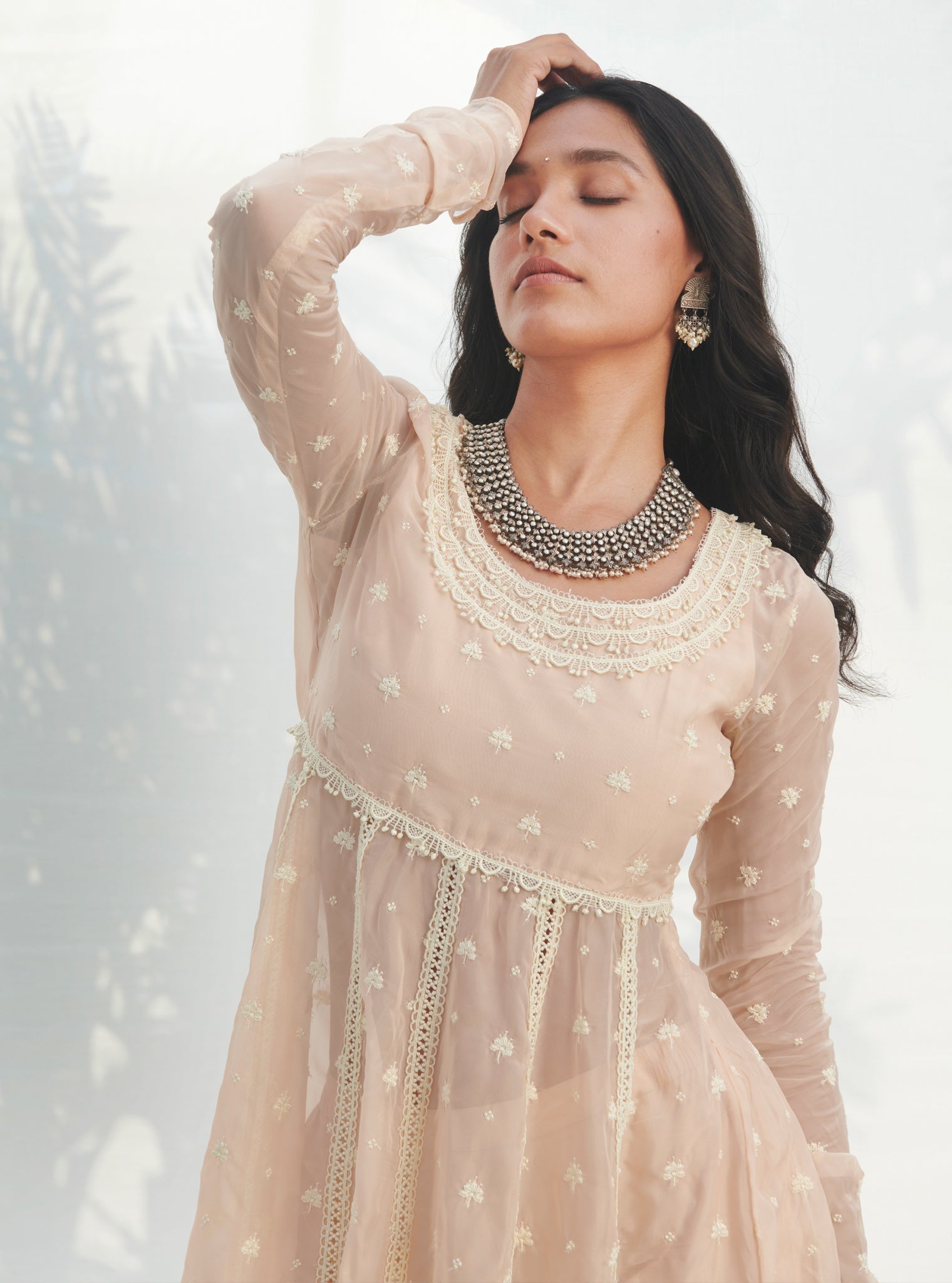 Mulmul Organza Anarkali Raia Beige Kurta With Mulmul Cotton Raia Beige Pant