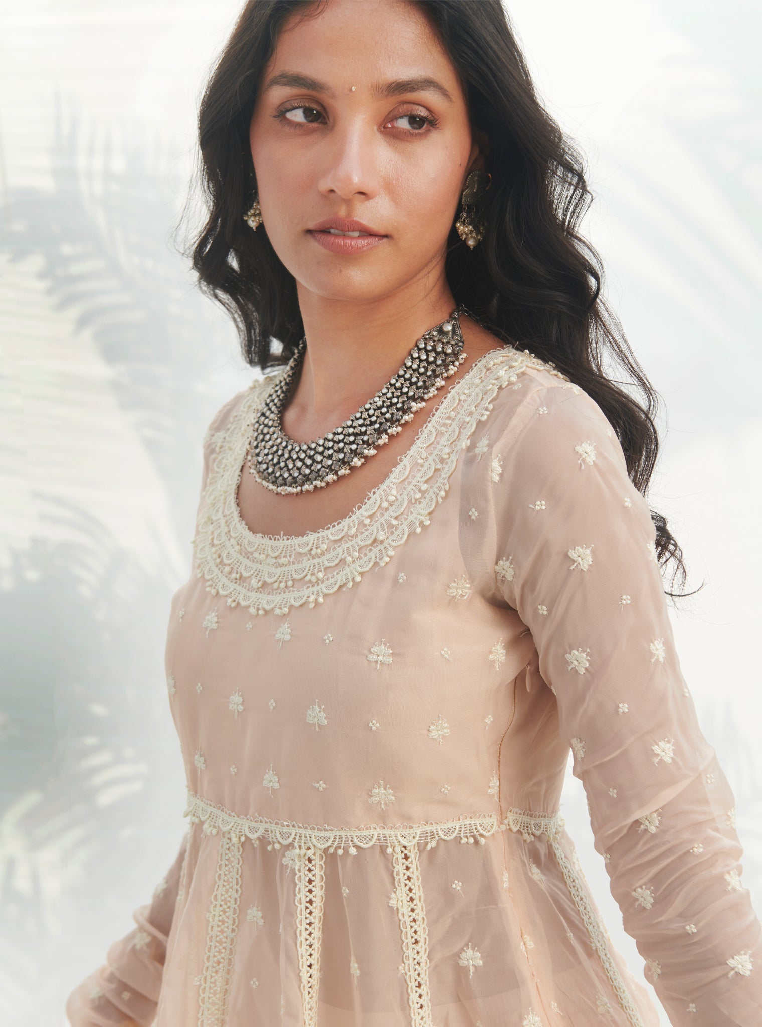 Mulmul Organza Anarkali Raia Beige Kurta With Mulmul Cotton Raia Beige Pant