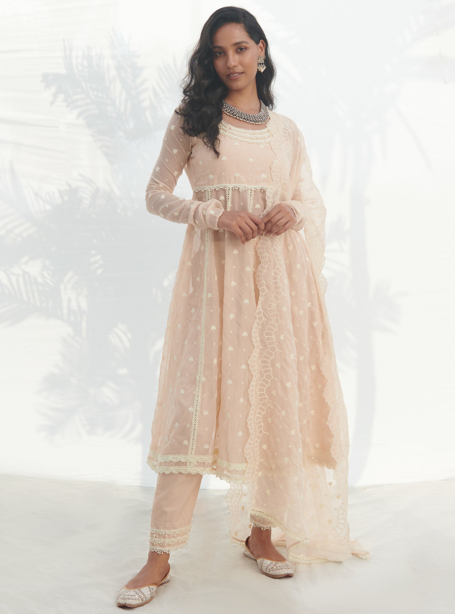 Mulmul Organza Anarkali Raia Beige Kurta With Mulmul Cotton Raia Beige Pant