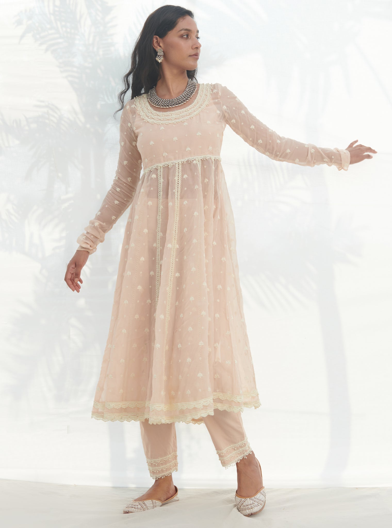 Mulmul Organza Anarkali Raia Beige Kurta With Mulmul Cotton Raia Beige Pant