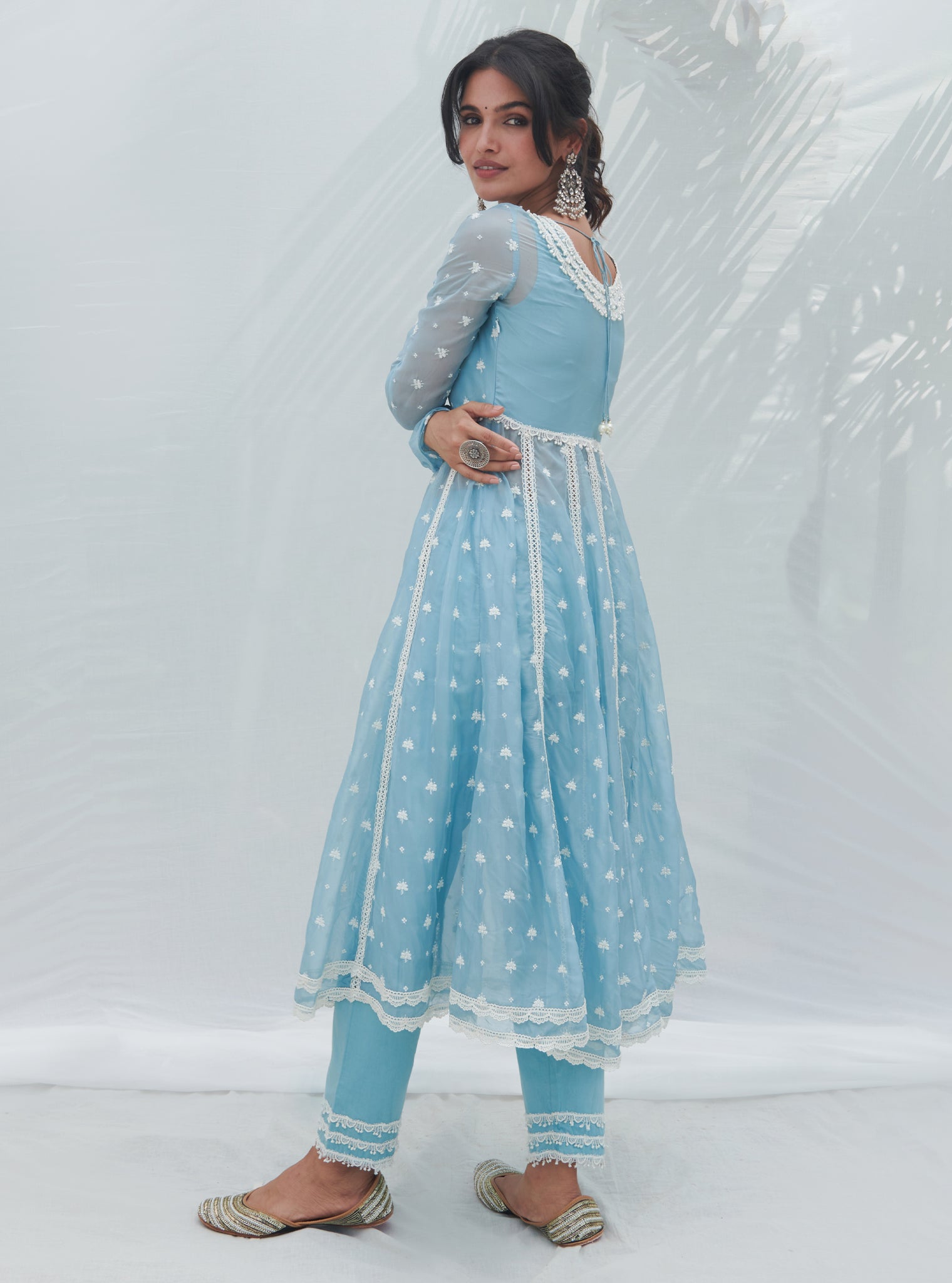 Mulmul Organza Anarkali Raia Blue Kurta With Mulmul Cotton Raia Blue Pant