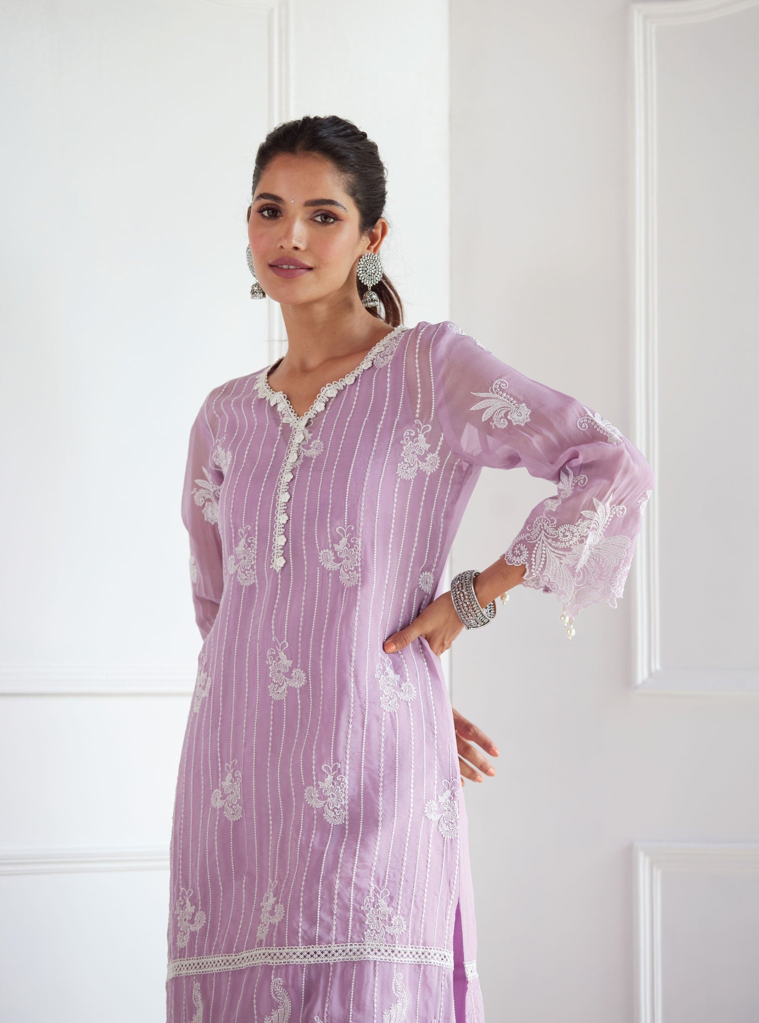 Mulmul Organza Reece Lilac Kurta With Mulmul Cotton Reece Lilac Pant