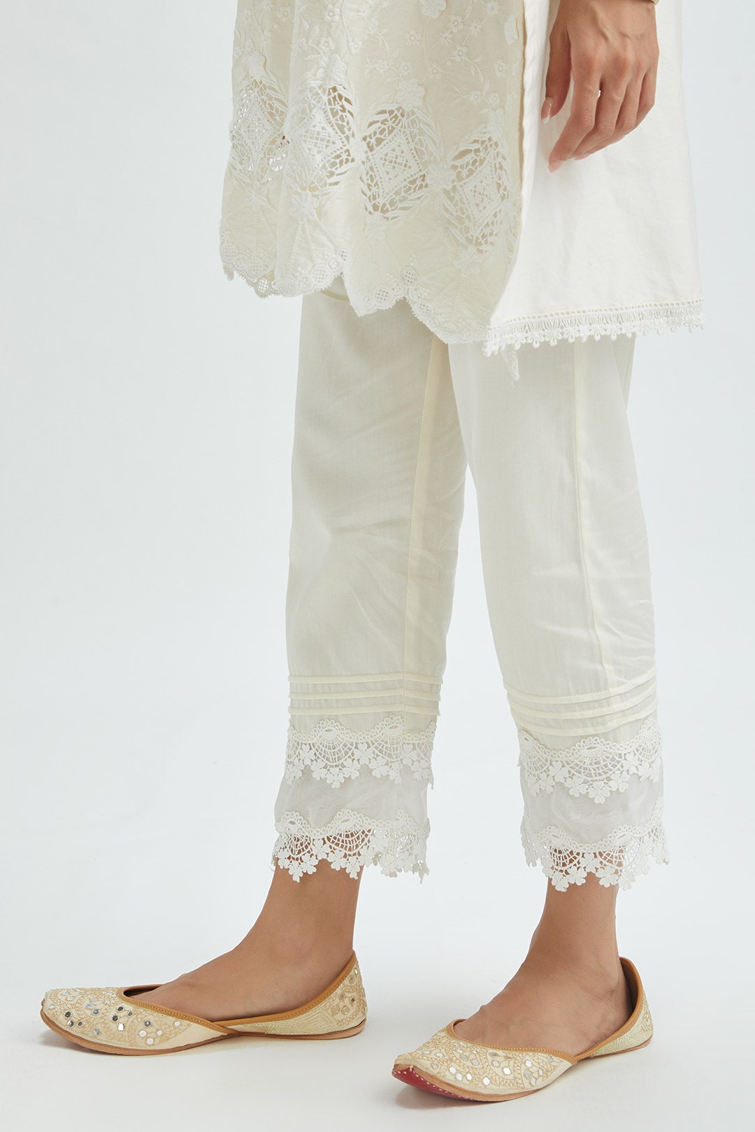 Mulmul Supima Satin Rene Off White Kurta With Pintuck Organza Pant