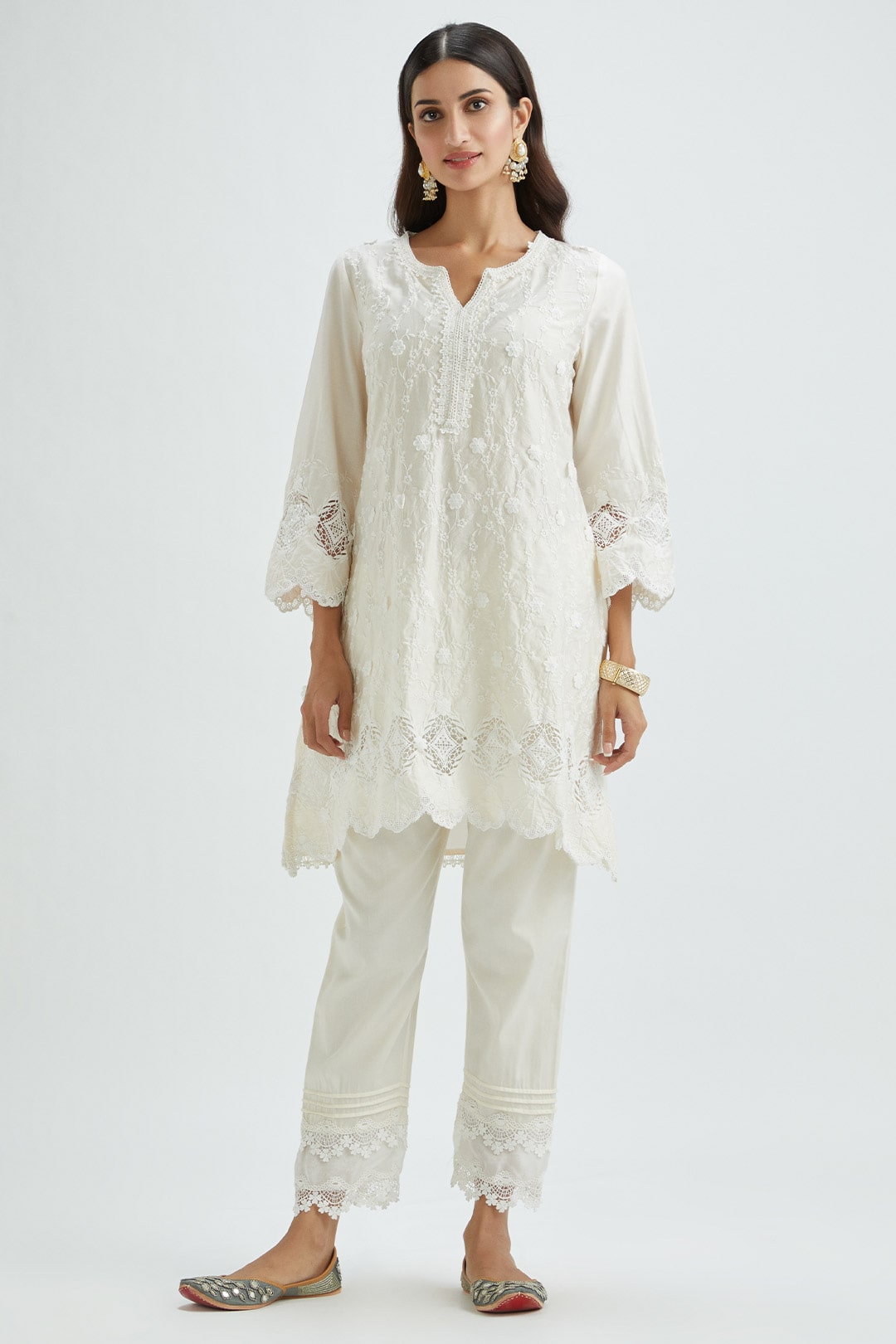 Mulmul Supima Satin Rene Off White Kurta With Pintuck Organza Pant