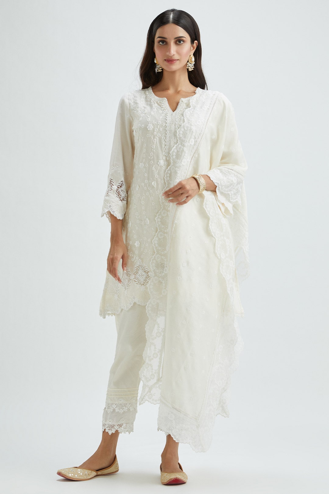 Mulmul Supima Satin Rene Off White Kurta With Pintuck Organza Pant