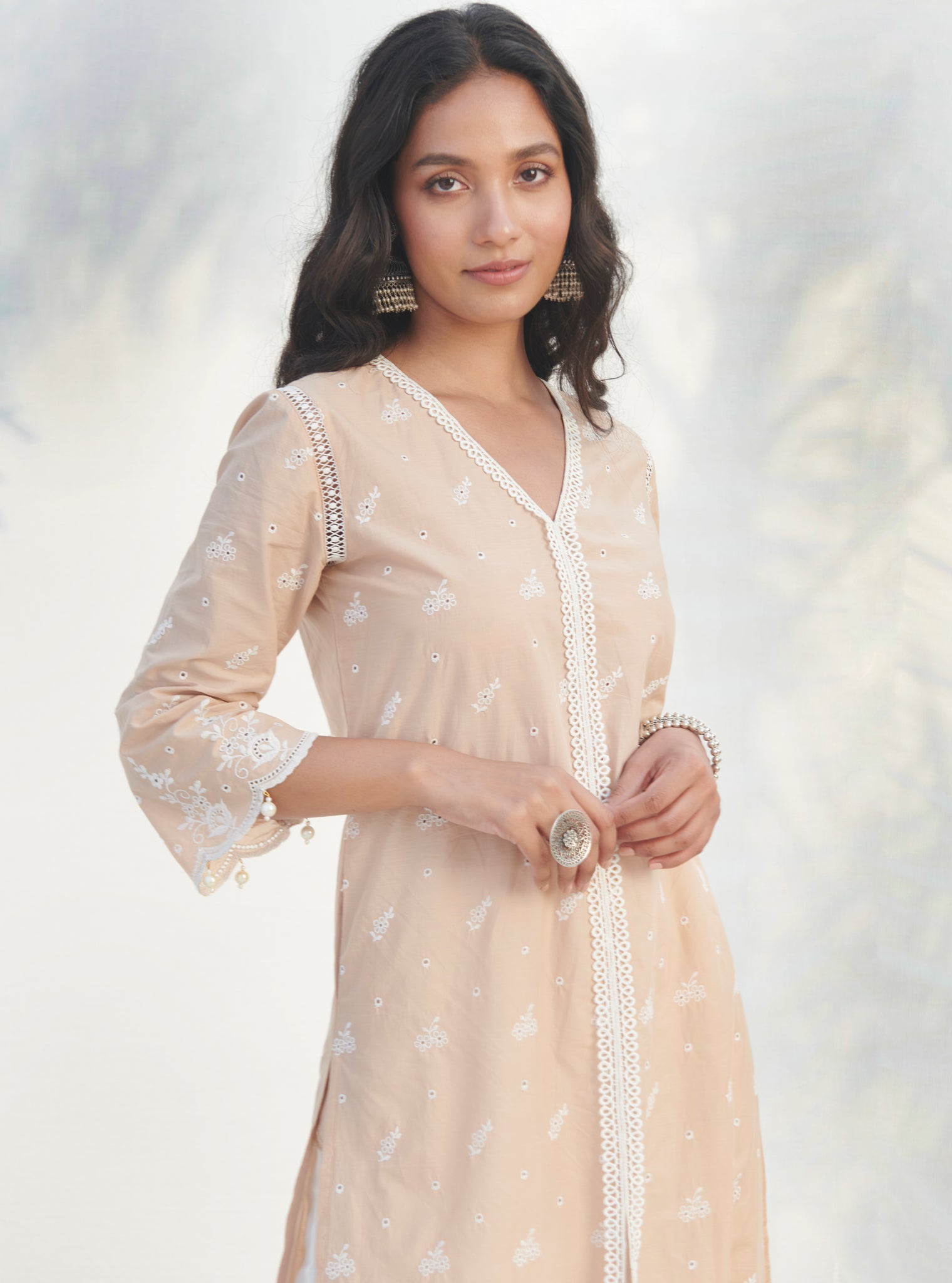 Mulmul Cotton Revora Beige Kurta With Mulmul Cotton Revora White Pant