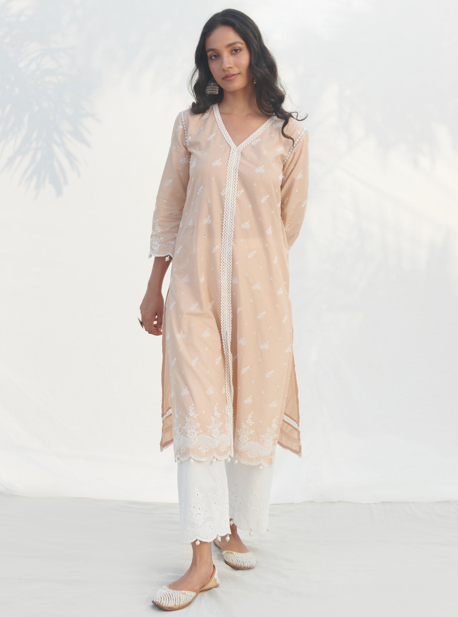 Mulmul Cotton Revora Beige Kurta With Mulmul Cotton Revora White Pant