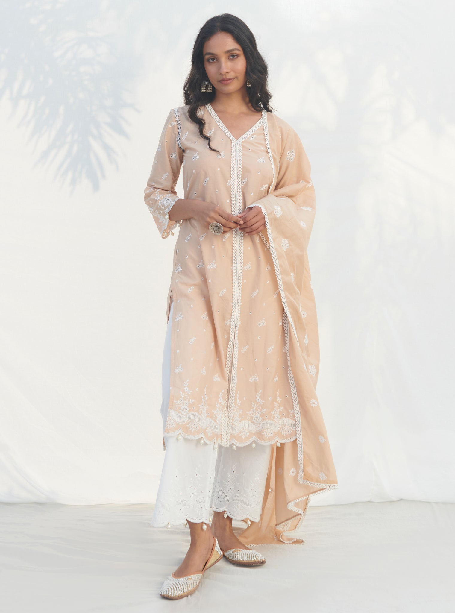 Mulmul Cotton Revora Beige Kurta With Mulmul Cotton Revora White Pant