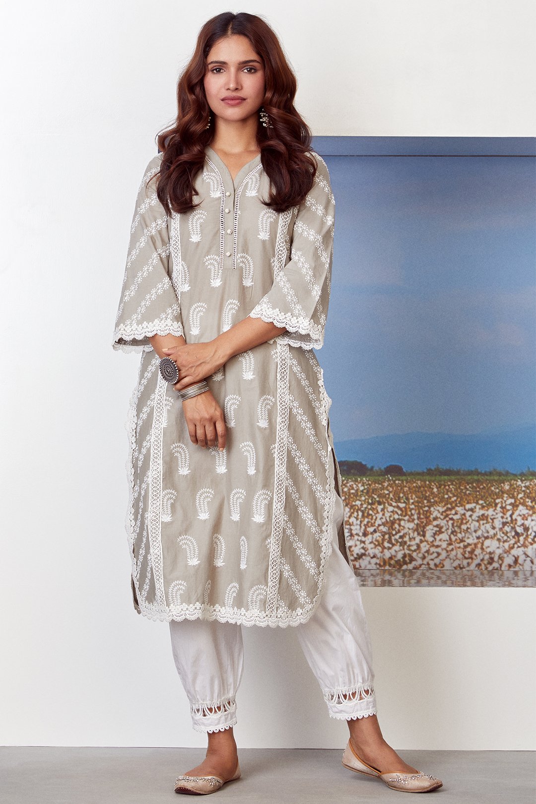 Mulmul Cotton Rhinestone Grey Kurta