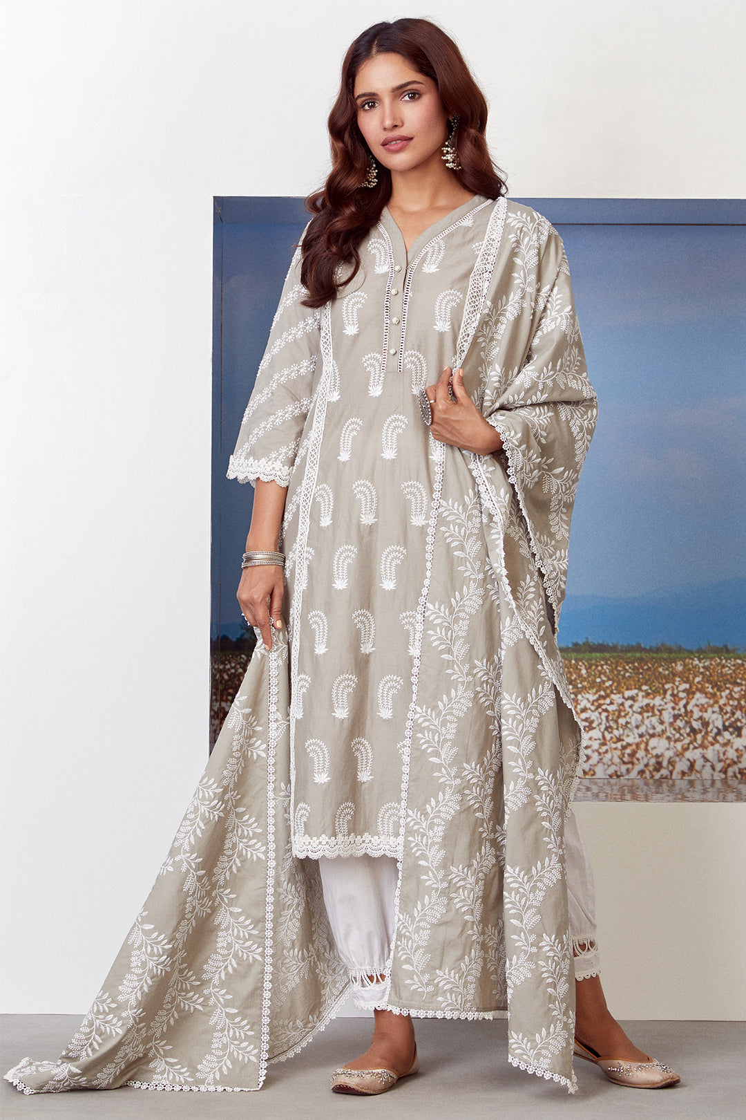 Mulmul Cotton Rhinestone Grey Kurta