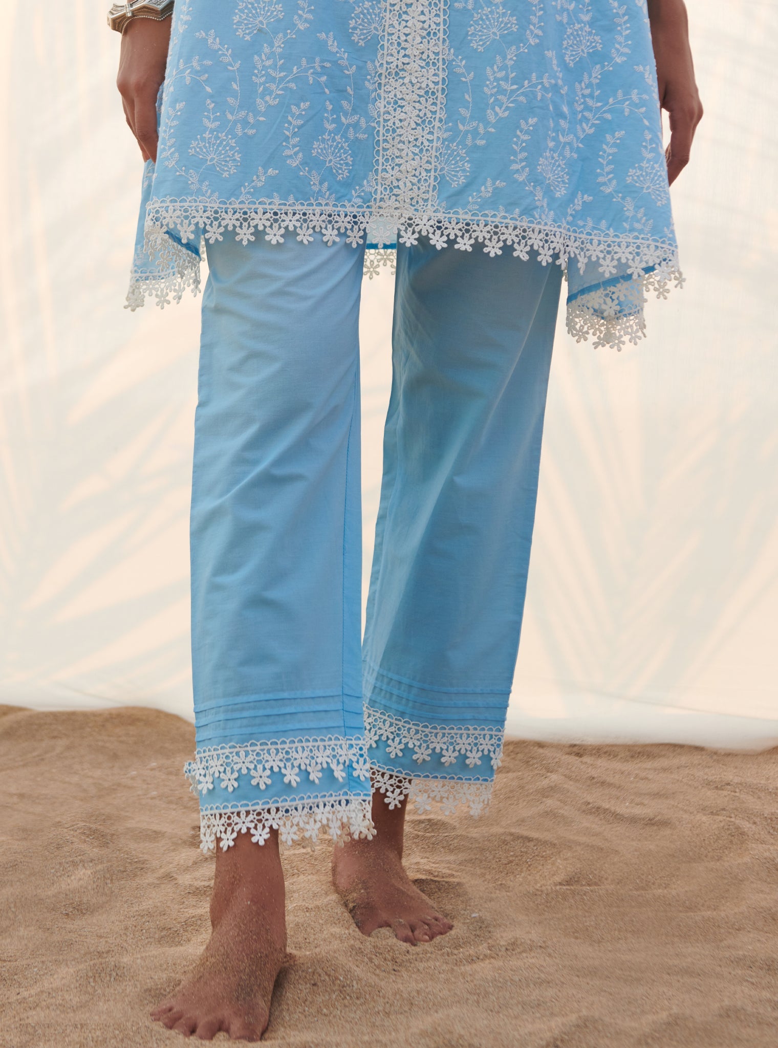 Mulmul Cotton Santona Blue Kurta With Santona Blue Pant