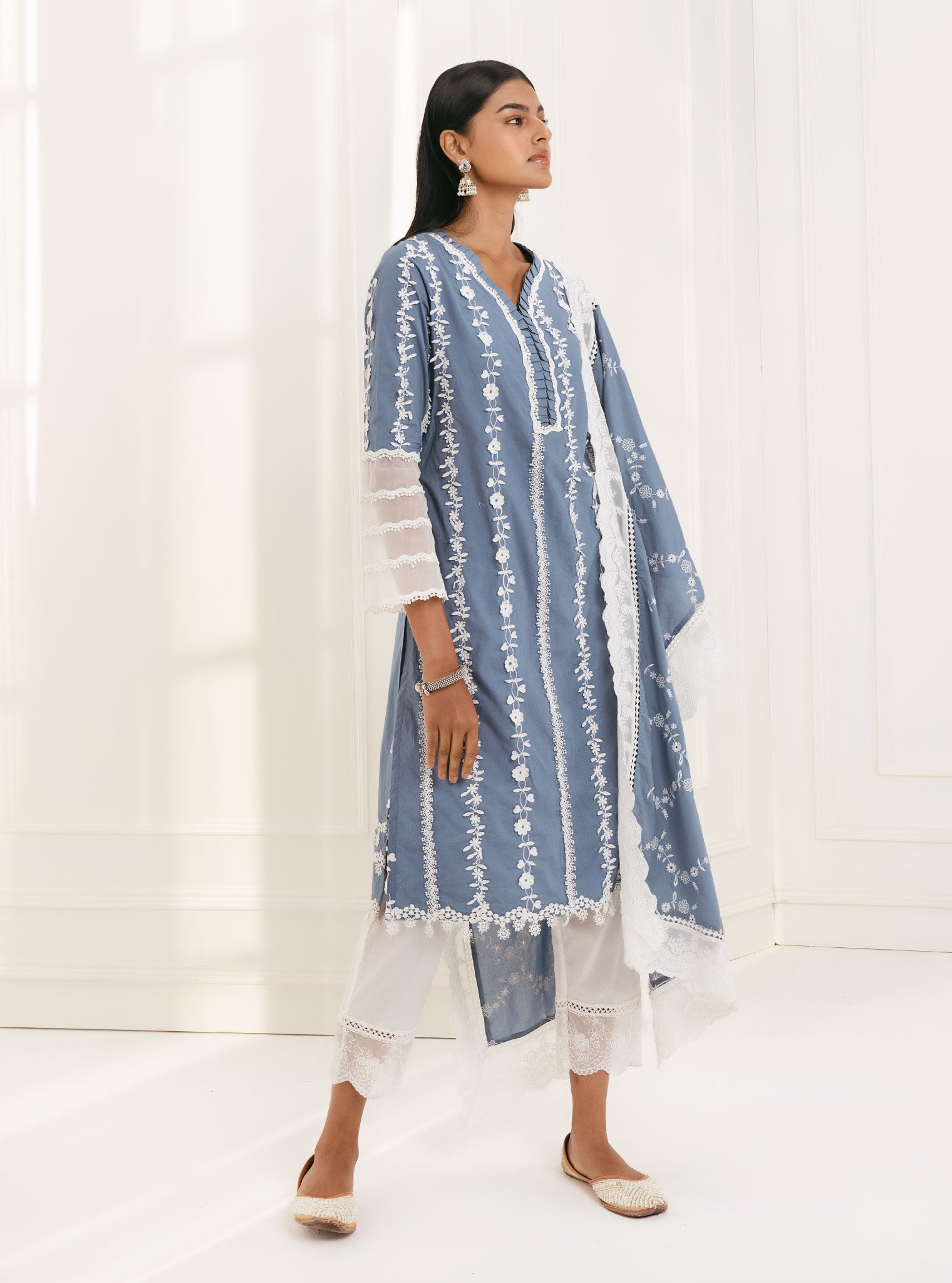 Mulmul Cotton Sainj Blue Kurta