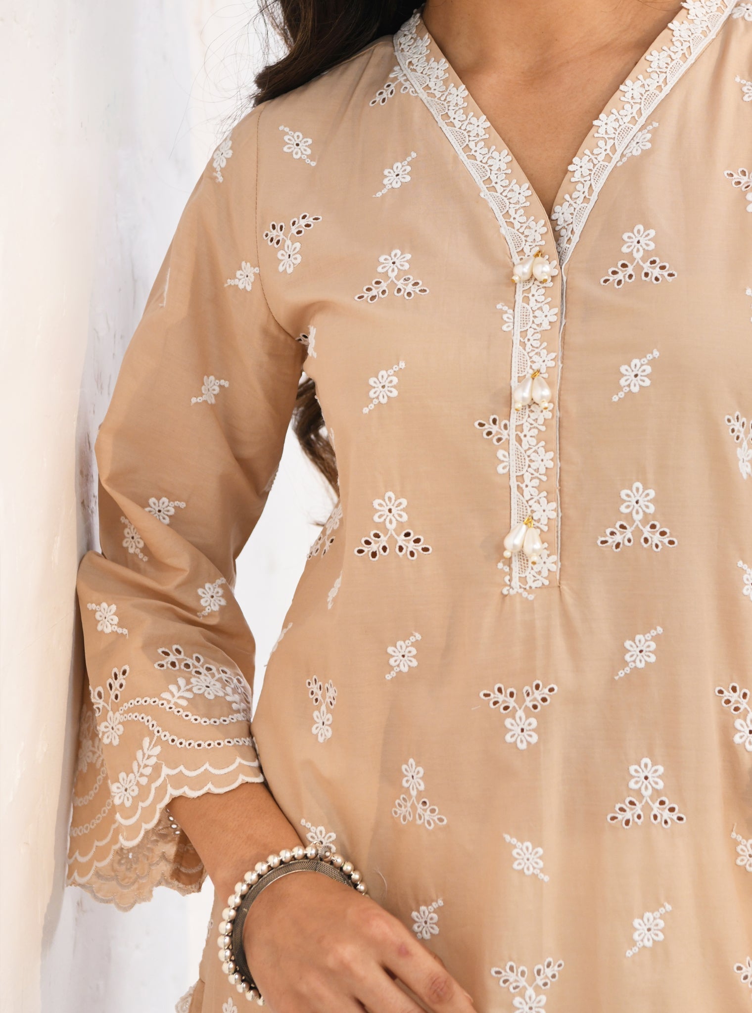 Mulmul Cotton Satari Beige Kurta With Mulmul Cotton Satari White Pant