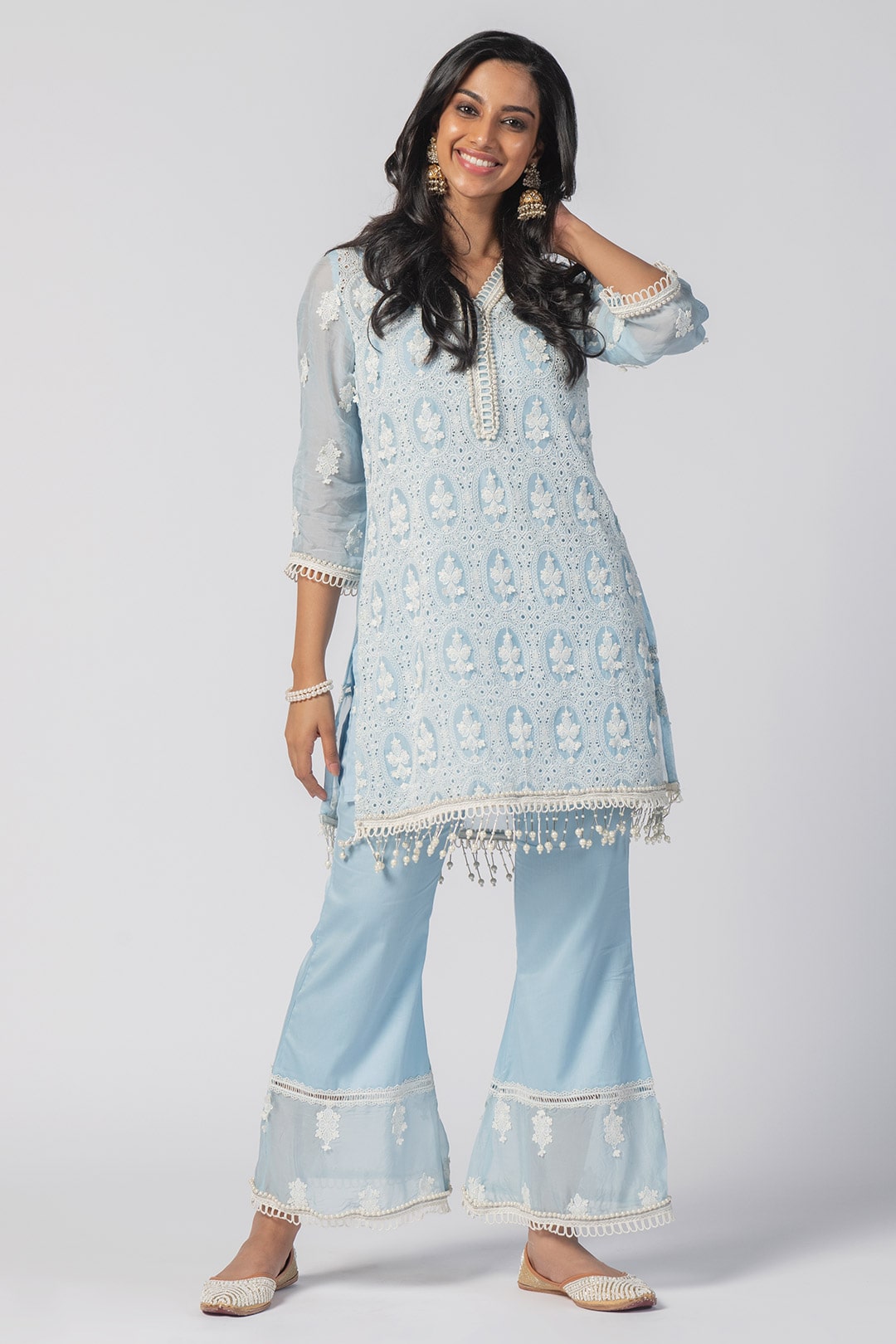 Mulmul Tencel Luxe Organza Savannah Kurta Blue With Supima Cotton Savannah Pant