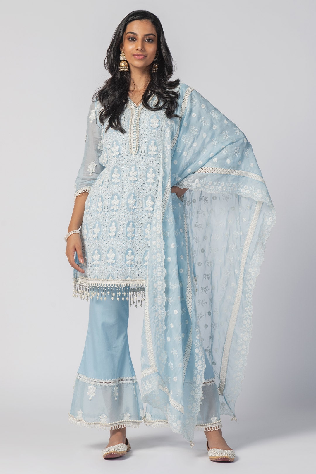 Mulmul Tencel Luxe Organza Savannah Kurta Blue With Supima Cotton Savannah Pant