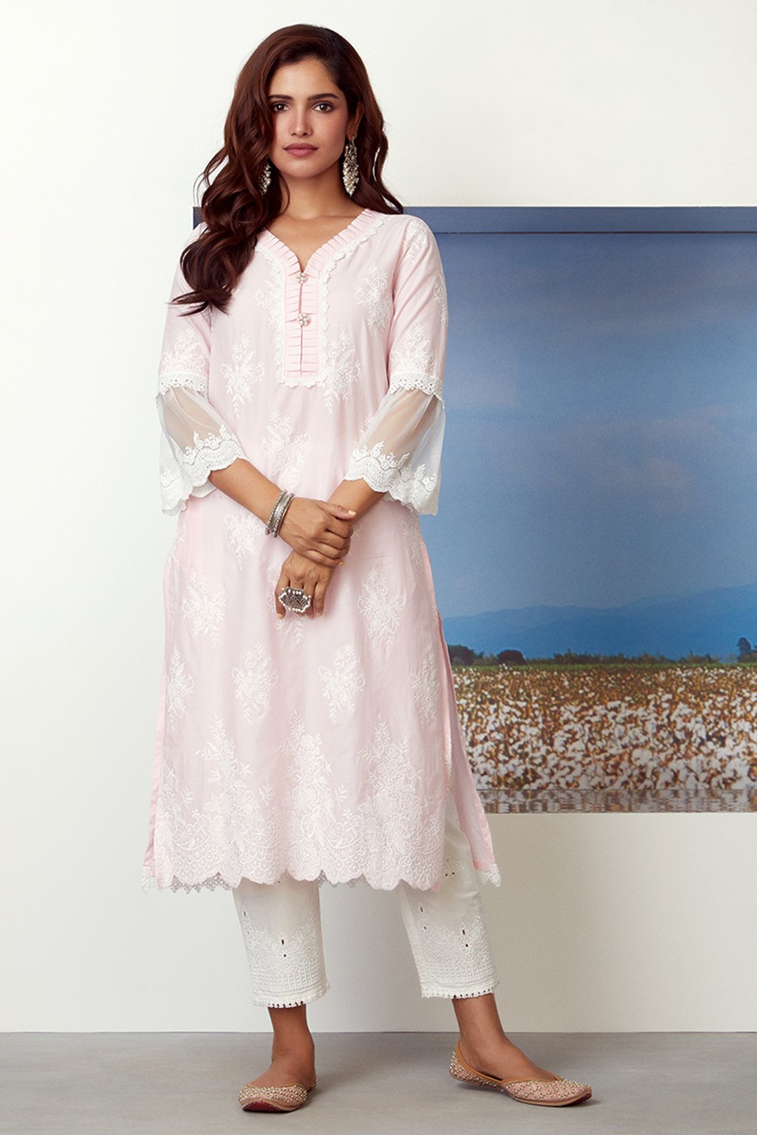 Mulmul Cotton Silver Comet Kurta With Emroidered Eyelet Pant