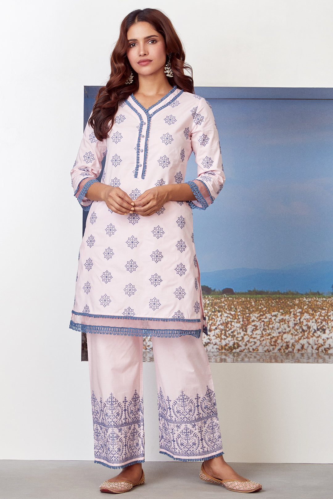 Mulmul Cotton Snow Flake Kurta With Snow Flake Palazzo