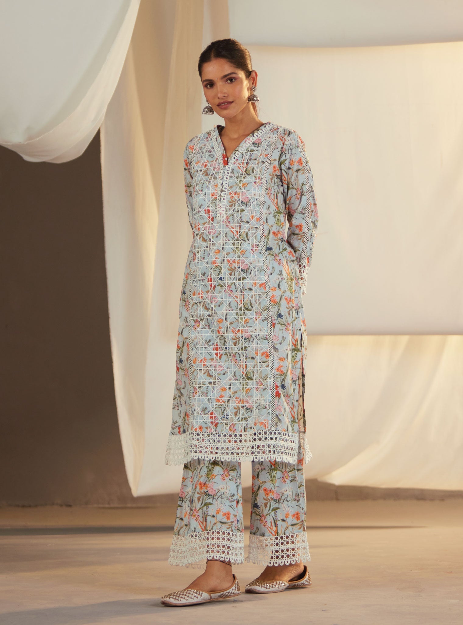 Mulmul Cotton Stassie Blue Kurta With Stassie Blue Pant