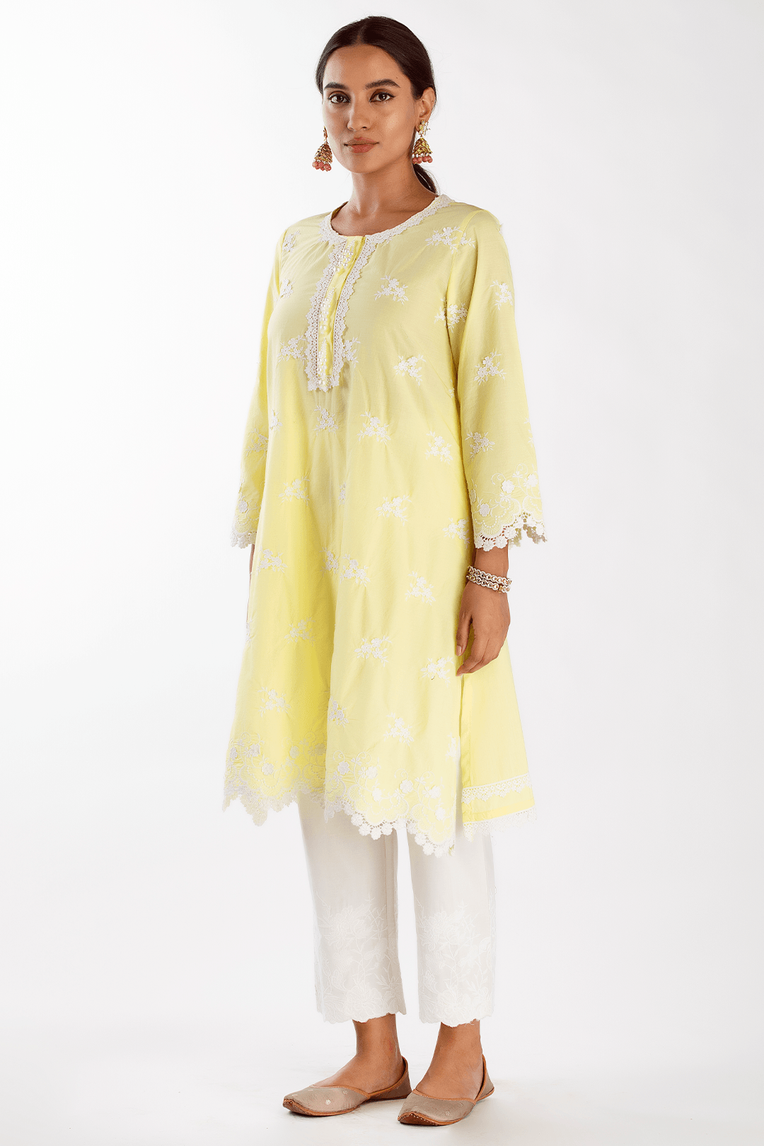 Mulmul Cotton Stella Yellow Kurta With Floral Embroidery White Pant