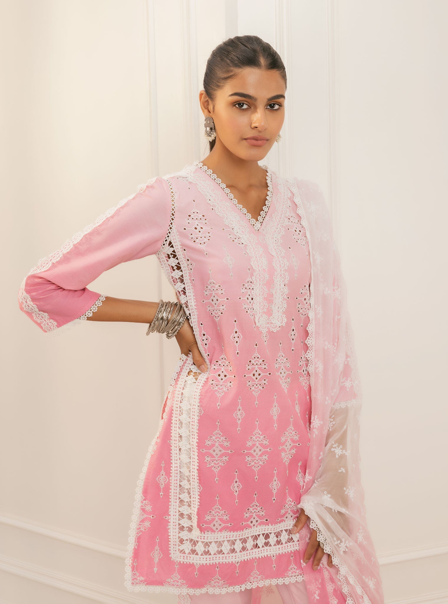 Mulmul Cotton Suria Pink Kurta With Suria Pink Pant