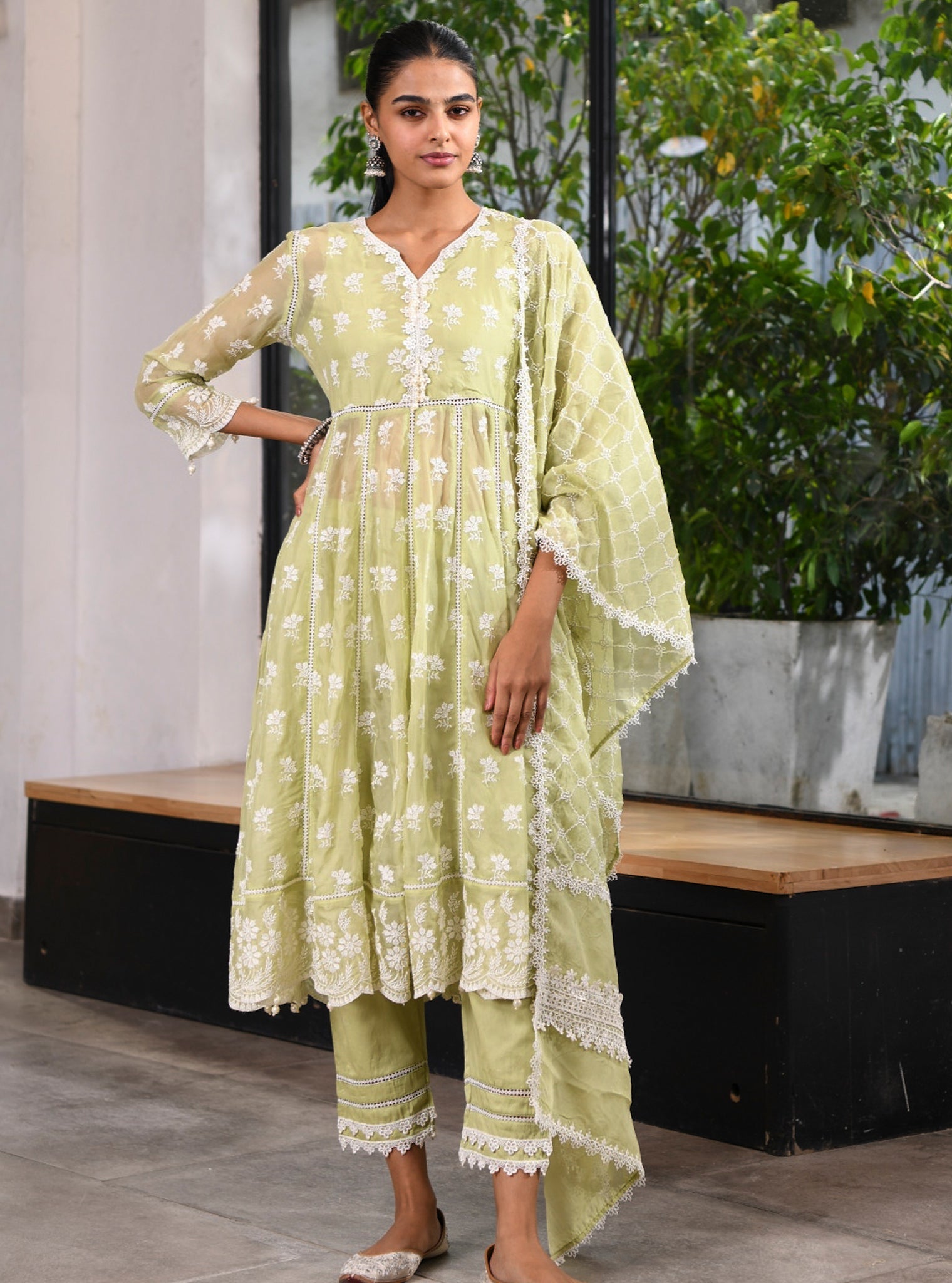 Mulmul Organza Anarkali Surla Green Kurta With Mulmul Cotton Surla Green Pant