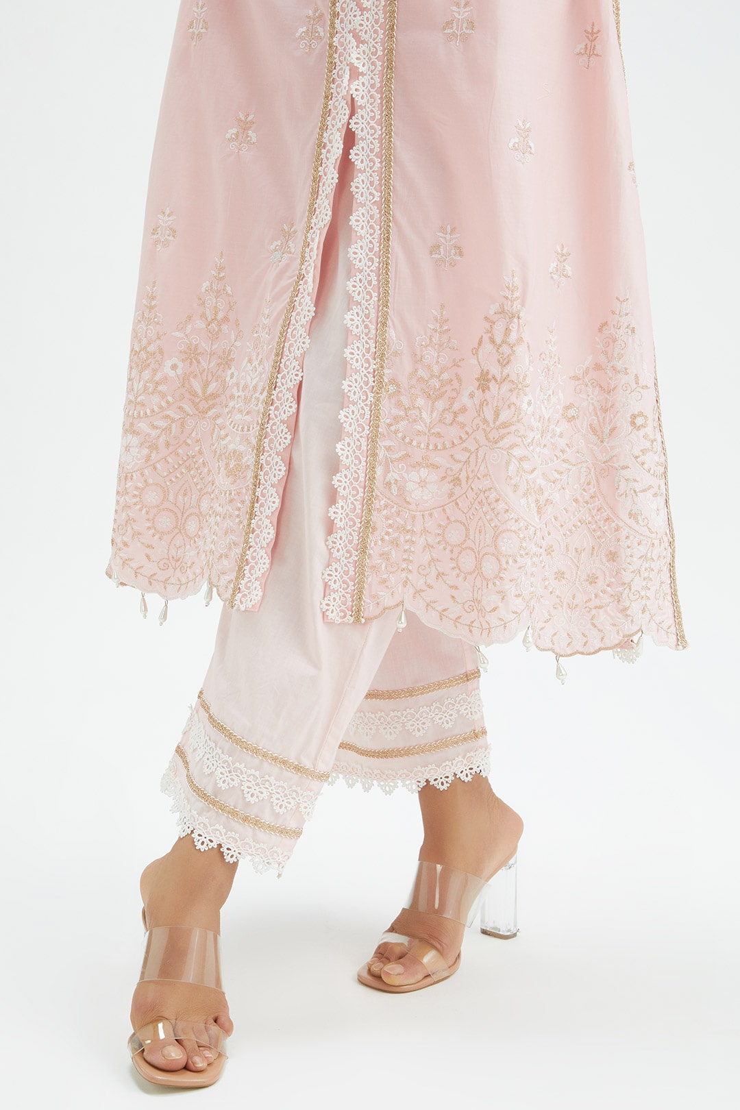 Mulmul Cotton Swan Pink Kurta With Swan Pink Pant