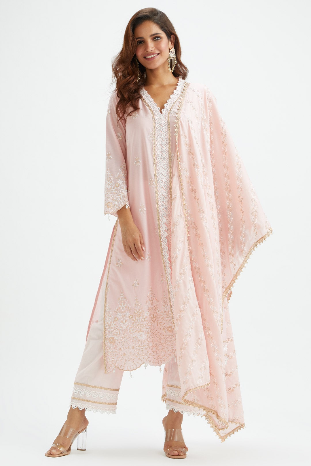 Mulmul Cotton Swan Pink Kurta With Swan Pink Pant